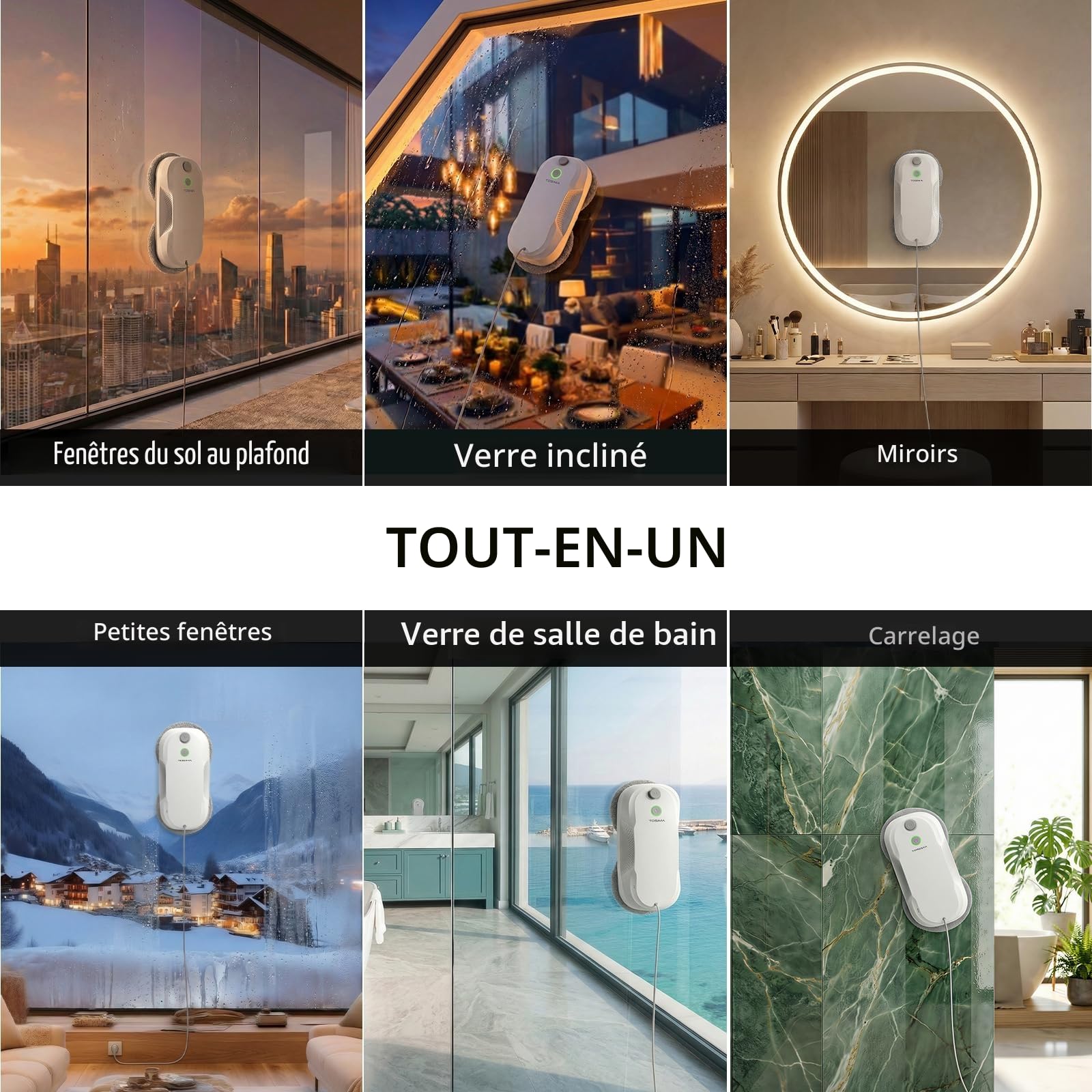Tosima W5 Pro 6400 Pa Robot Laveur de Vitre, Double Pulvérisation d'eau Ultrasonique, Nettoyeur de Vitre Automatique, Télécommande, 20 Chiffons en Microfibre (Blanc Pur)