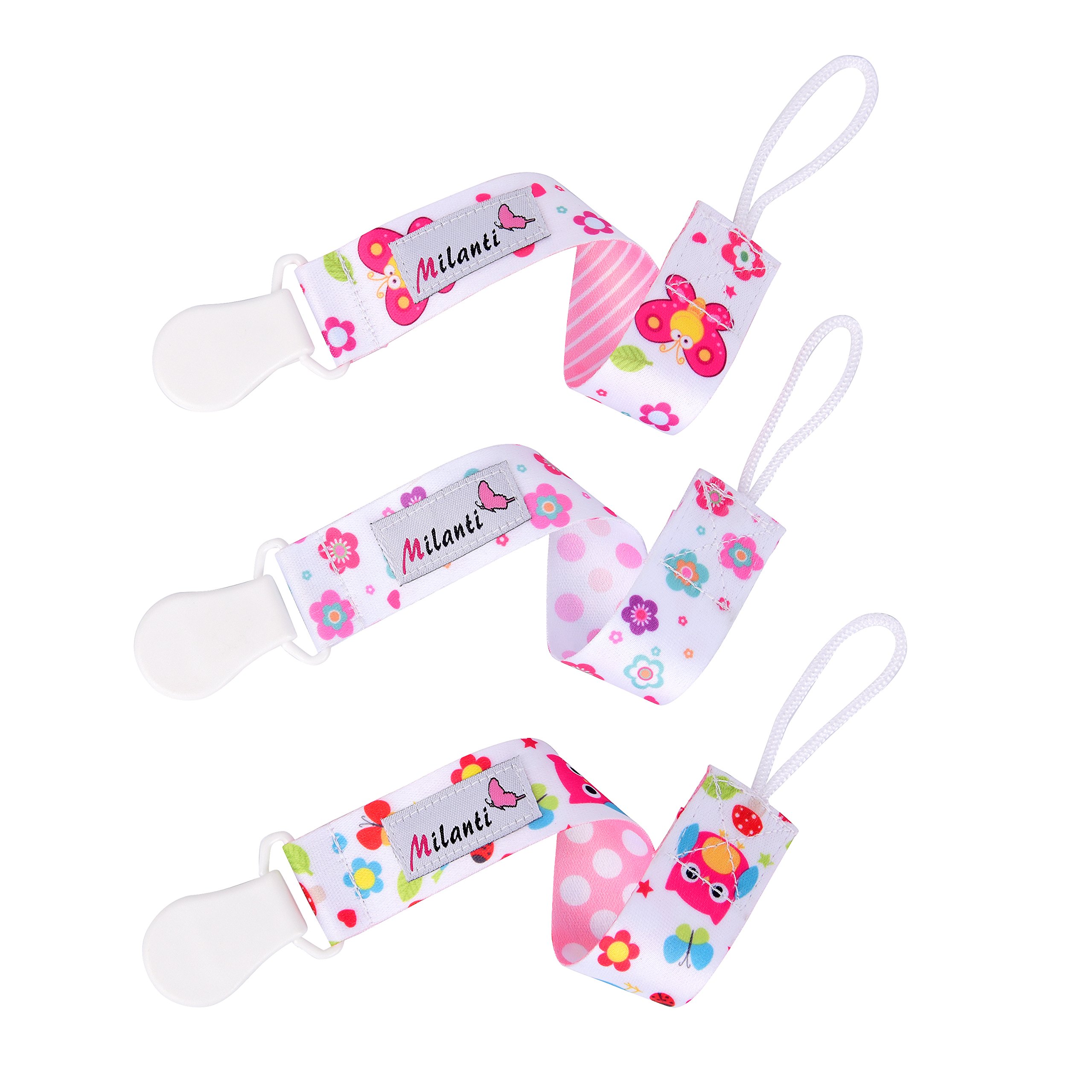 Milanti Pacifier Clip Set Three Clips Plus 18 Name Tag Labels
