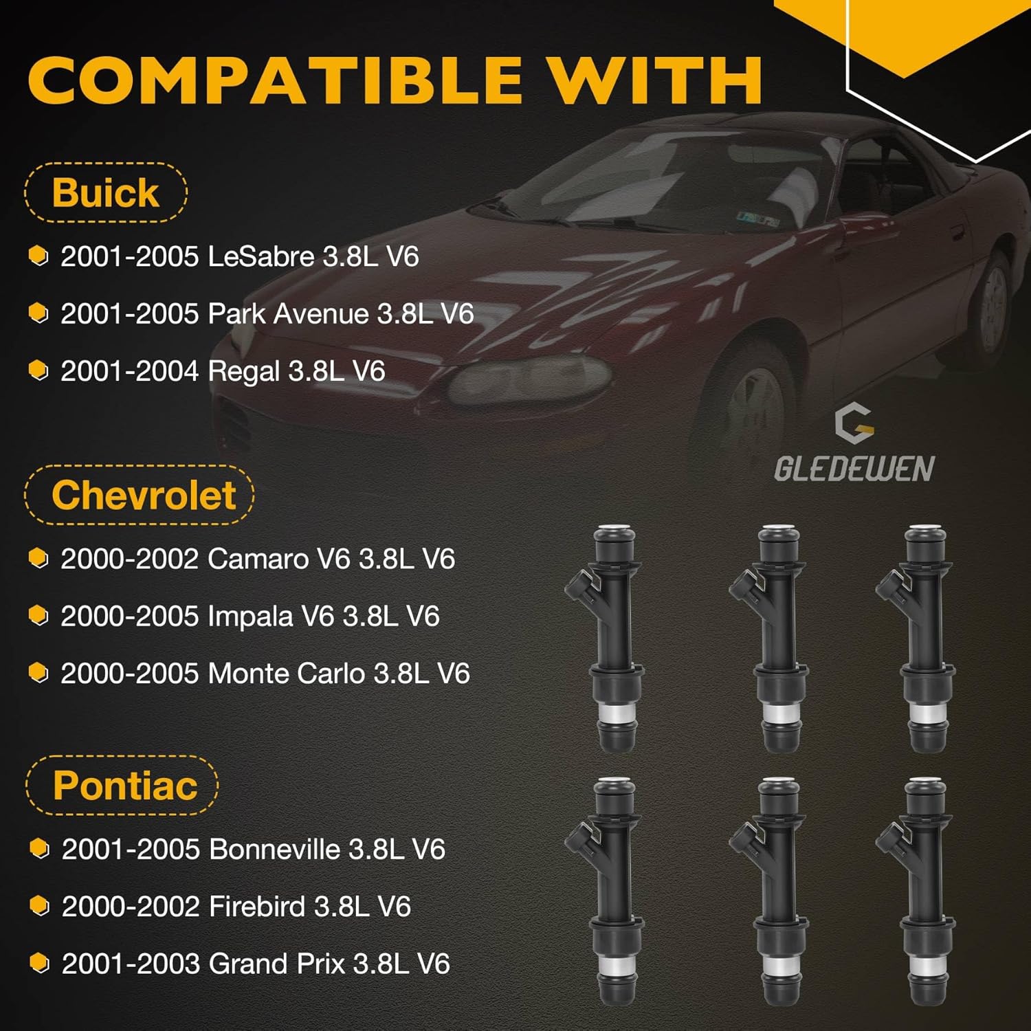 FJ313 3.8L Fuel Injector Set 6Pcs 2Holes, Compatible with 2000-2005 Chevrolet Camaro Impala Buick LeSabre Park Avenue Regal Pontiac Bonneville Firebird Grand Prix, Replace# 12586551