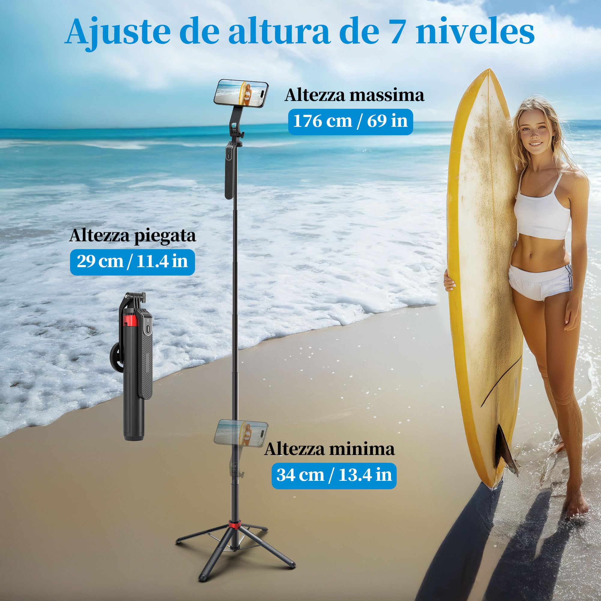 PlusAcc 176 cm Trípode magnético para MagSafe Selfie, Soporte de Aluminio Estable y Soporte de Viaje Giratorio 360°, Compatible con iPhone/Smartphones para Selfies, grabación de vídeo en Directo