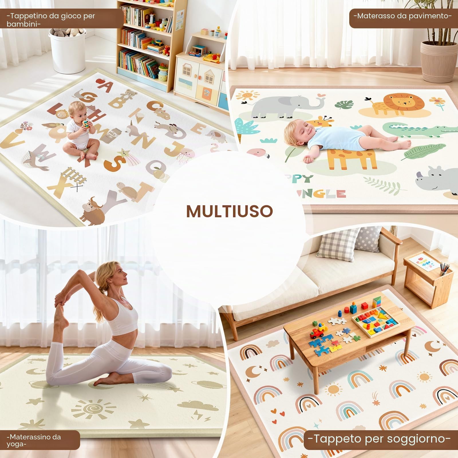 Tappeto Gioco Neonato Gattonamento, 150x180x3cm, Tappetone Pieghevole per Bambini, Superficie in Morbida Flanella con Base Antiscivolo per Camera e Soggiorno - Stelle e Luna