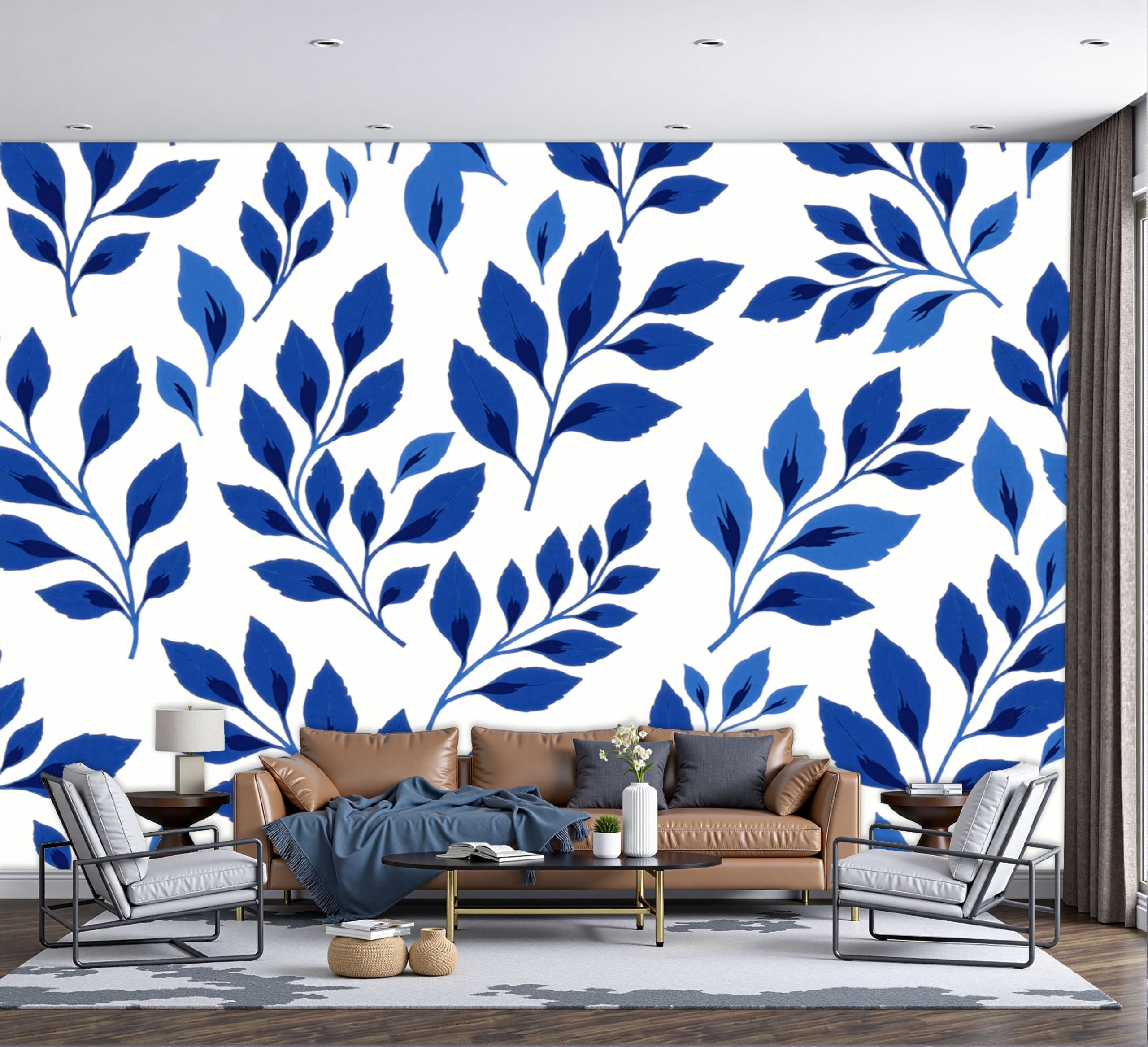 Tapisserie photo géante feuilles bleues pour salon contemporain