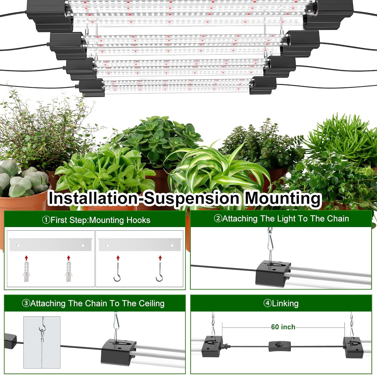 2 Pack Grow Light for Indoor Plants，Full Spectrum LED Plant Light，22 inch Splicable Lights 16W Ceiling Growing Lamps (Black-2 Pack)