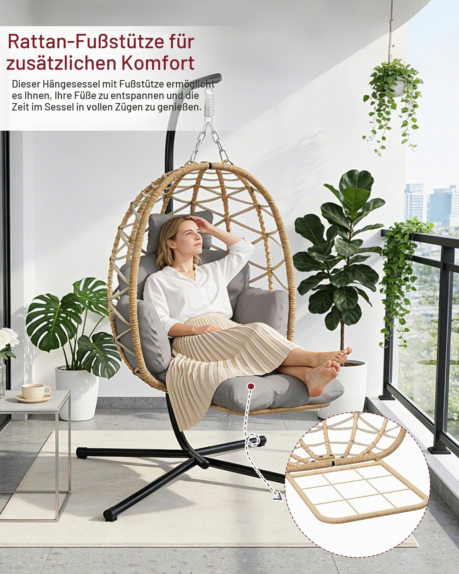 Hängesessel mit Gestell Fußstütze, Hängekorb Sessel, Hängestuhl Rattan Outdoor und Indoor, Hängeschaukel, Egg Chair für Garten, Terasse, Kinderzimmer, Leseecke, bis 150kg