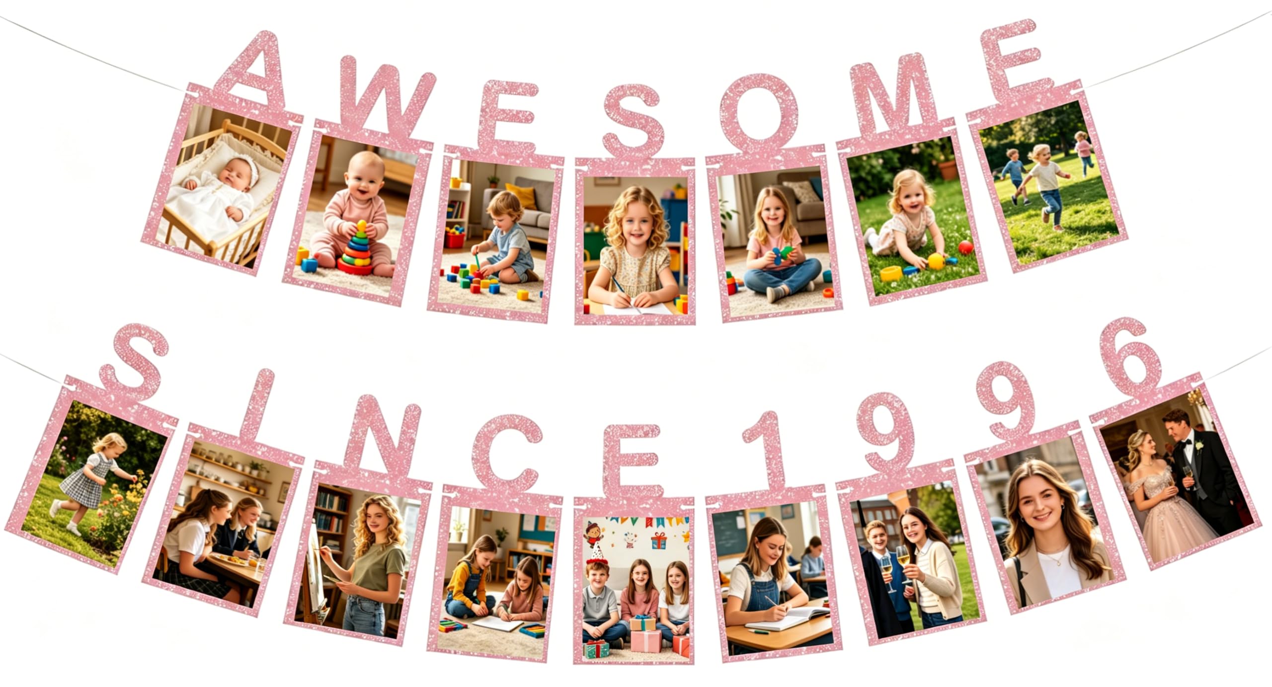 Rose Gold Happy 30th Birthday Decorations Photo Banner - Awesome Since 1996 Anniversary Milestone Bunting
