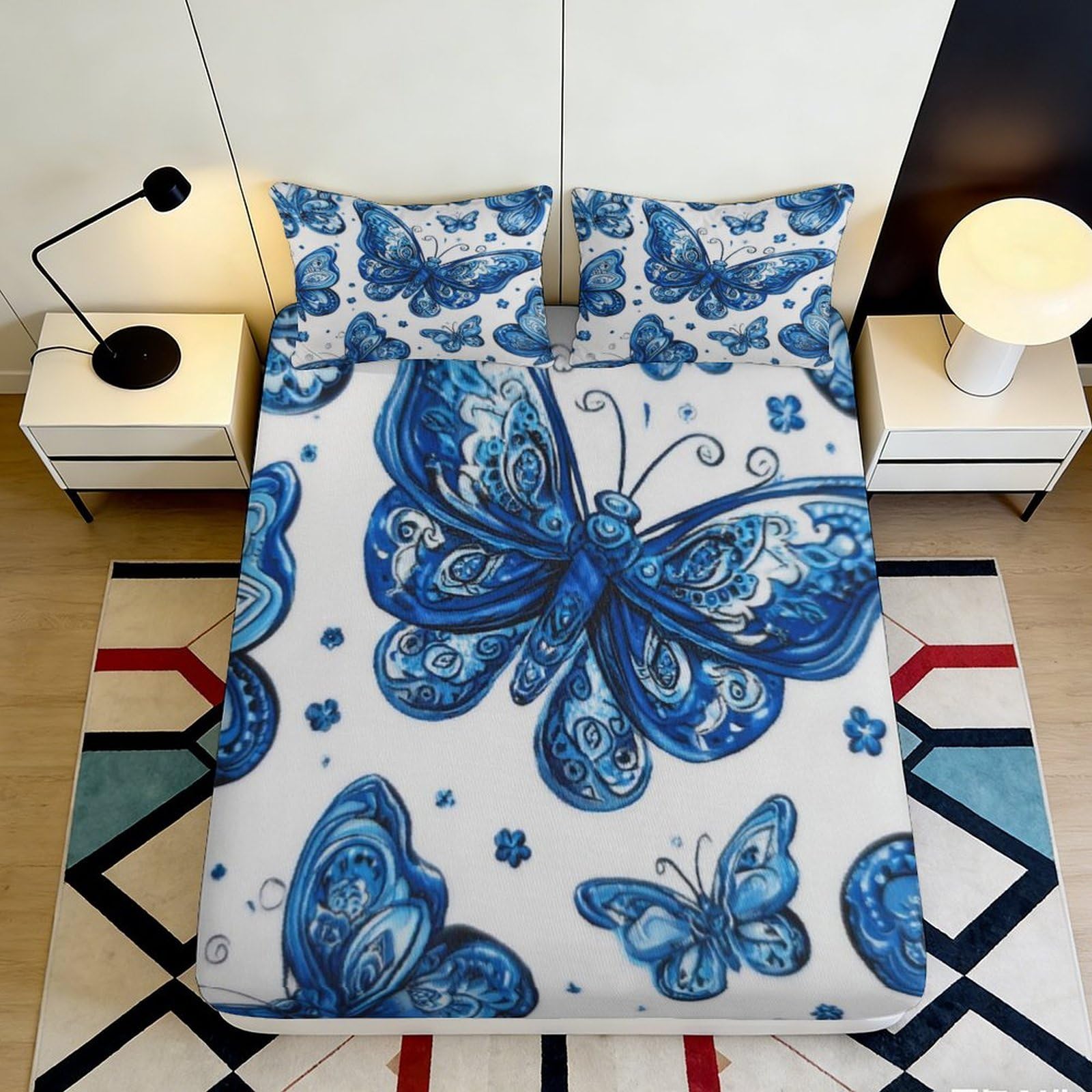 3D Printed Blue Butterfly Fitted Sheet Microfiber Soft Mattress Cover for Bedroom Guest Room Dorm Bed Protection Decor 160x200x25cm