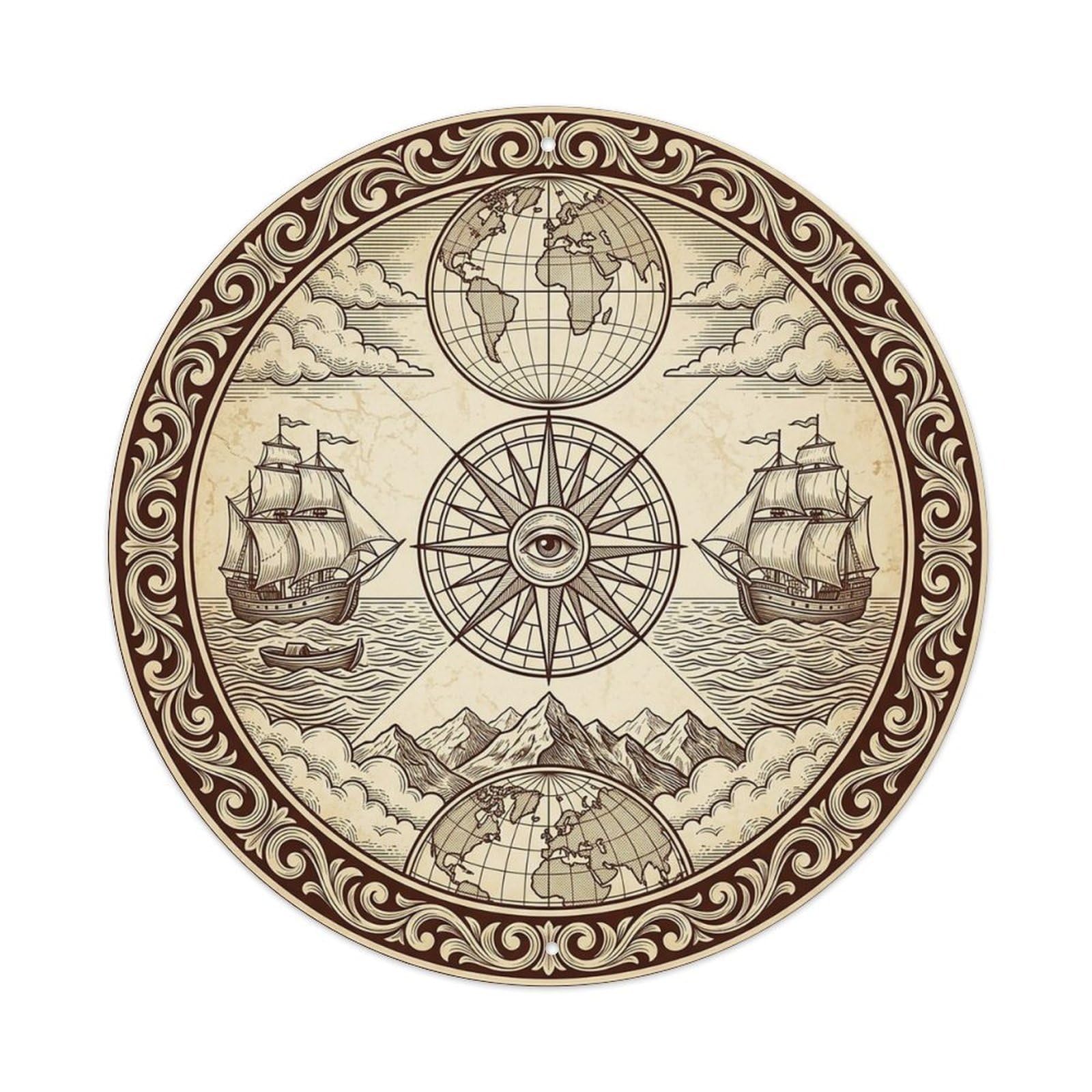 Vintage Nautical Compass World Map Weathered Beauty Metal Tin Sign