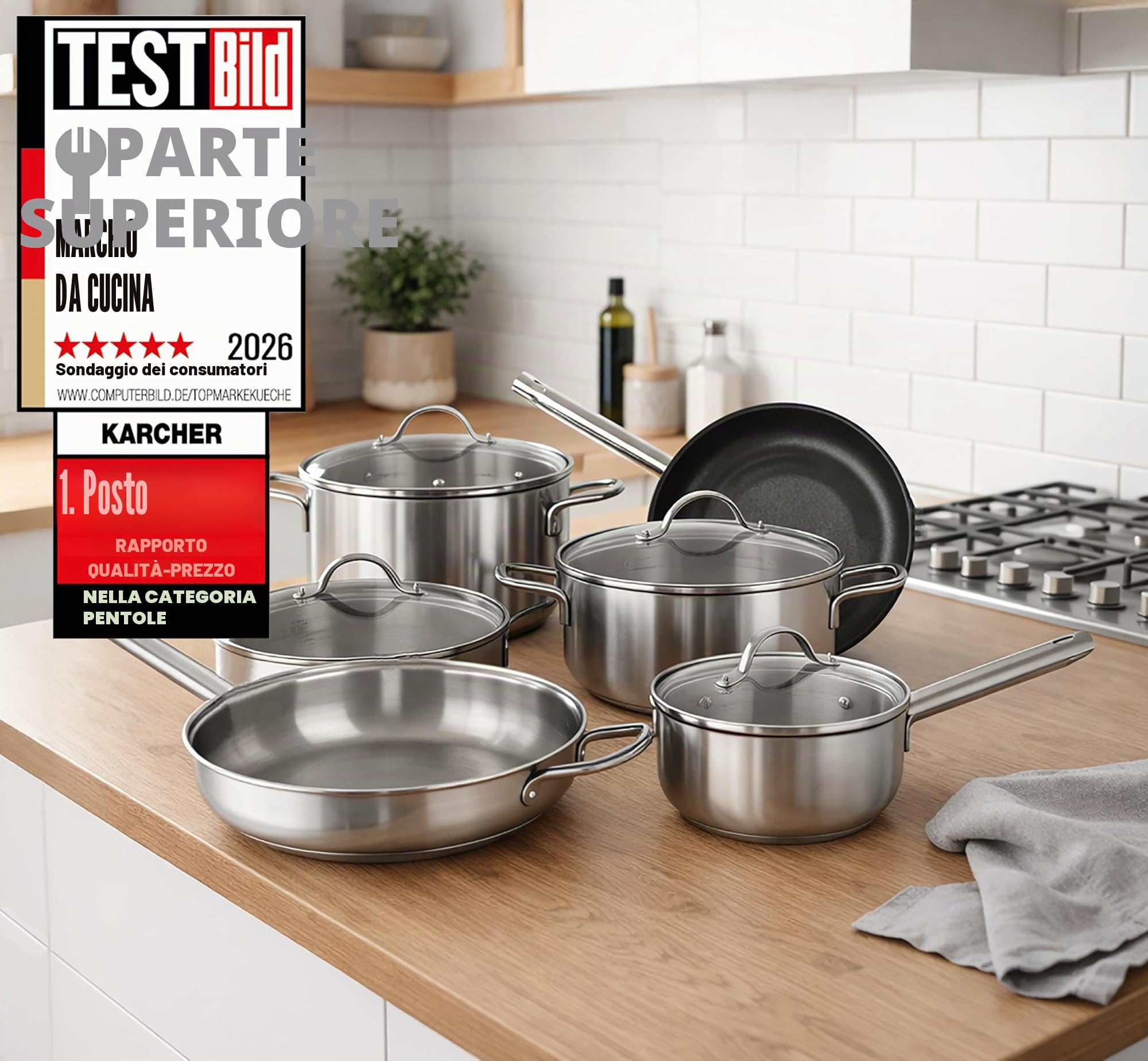 Karcher Jovita - Set di pentole in acciaio INOX con coperchio in vetro, set di pentole a induzione, pentole, padella, casseruola, 10 pezzi