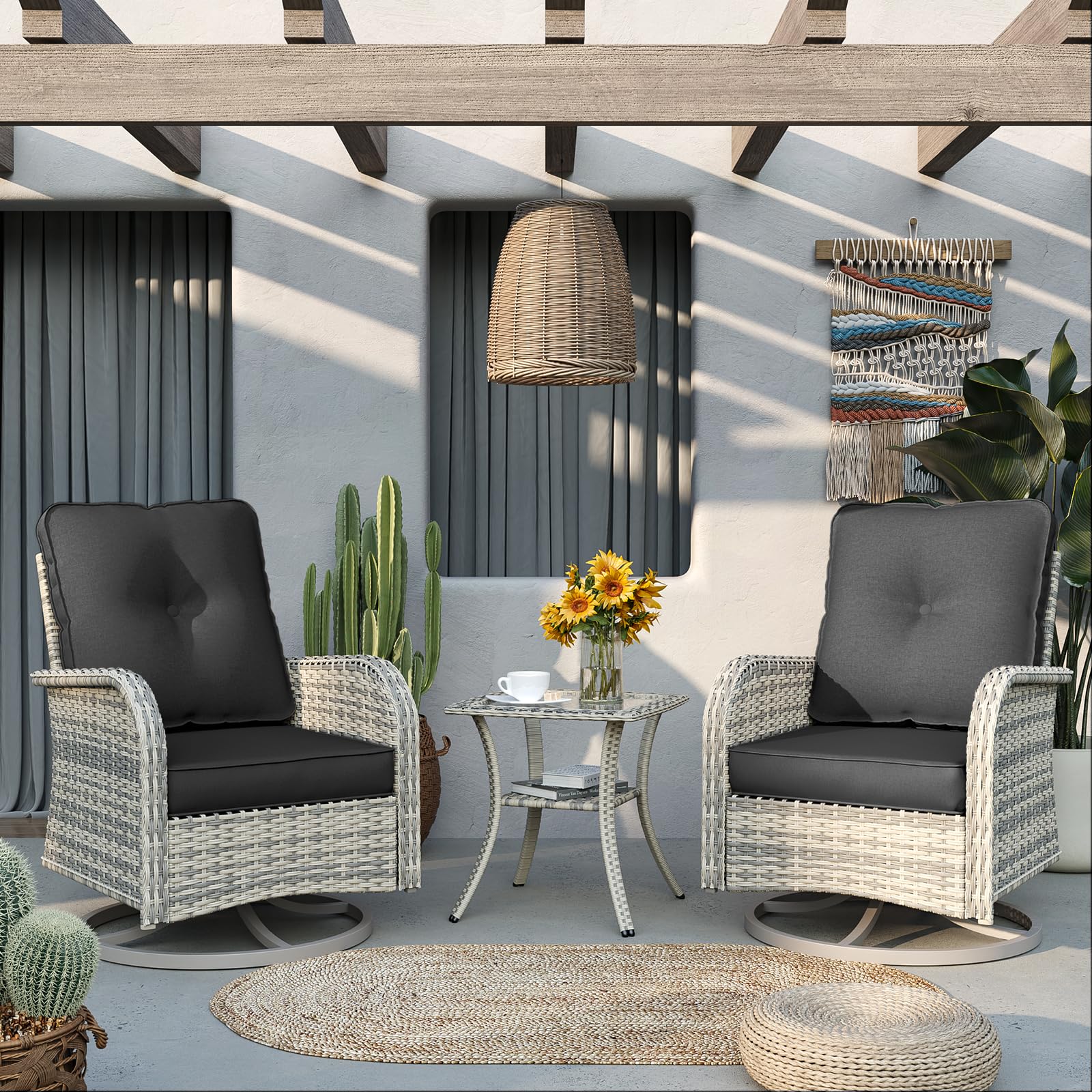 Muphyers Patio Rocking Swivel Chair Outdoor Wicker Rattan Bistro Set with Tempered Glass Side Table, Outdoor Patio Furniture Set for Garden, Deck, and