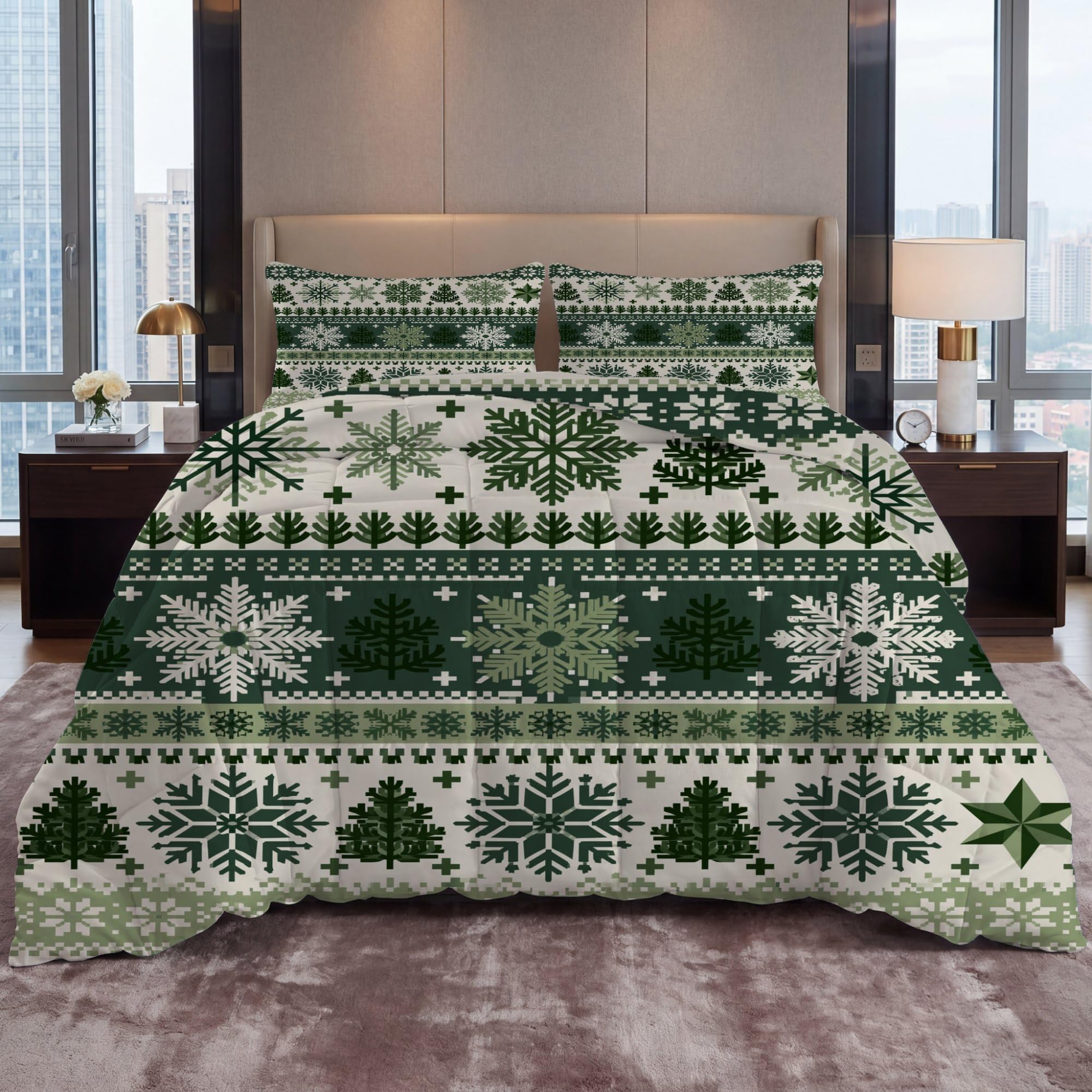 Tradycyjny świąteczny płatek śniegu, choinka, gwiazda, bez poszewki, king size (230 x 220 cm) 4,5 Tog, letnia kołdra z nadrukiem, dwustronny, lekki zestaw pościeli z 2 poszewkami na poduszki (50 x 75