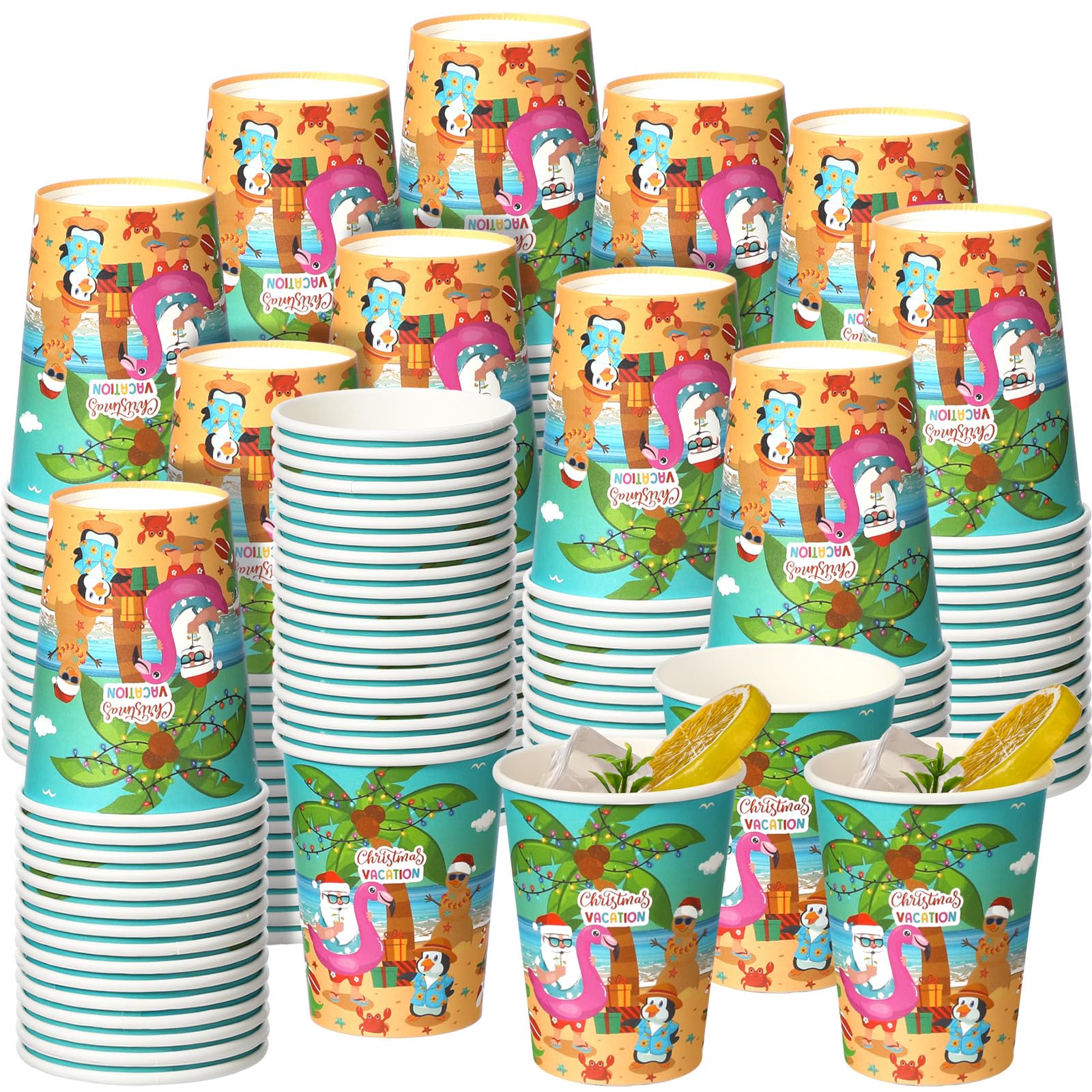 Jingmore 200 Pcs Christmas Paper Cups Disposable 8 oz Tropical Stand Cups Hawaii Party Supplies for Picnics Barbecues Traveling Hot Cold Beverage