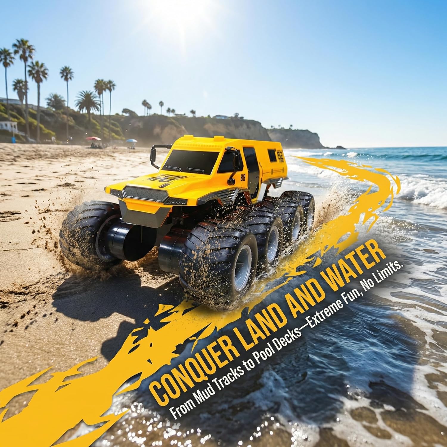 KB KAIBO 1:12 Large Amphibious Remote Control Car Monster Truck - 8WD All Terrain Waterproof Toy for Kids, 7.4V High-Speed Remote Control Car for Boys Girls Ages 6-12, Perfect Birthday Gifts -Yellow