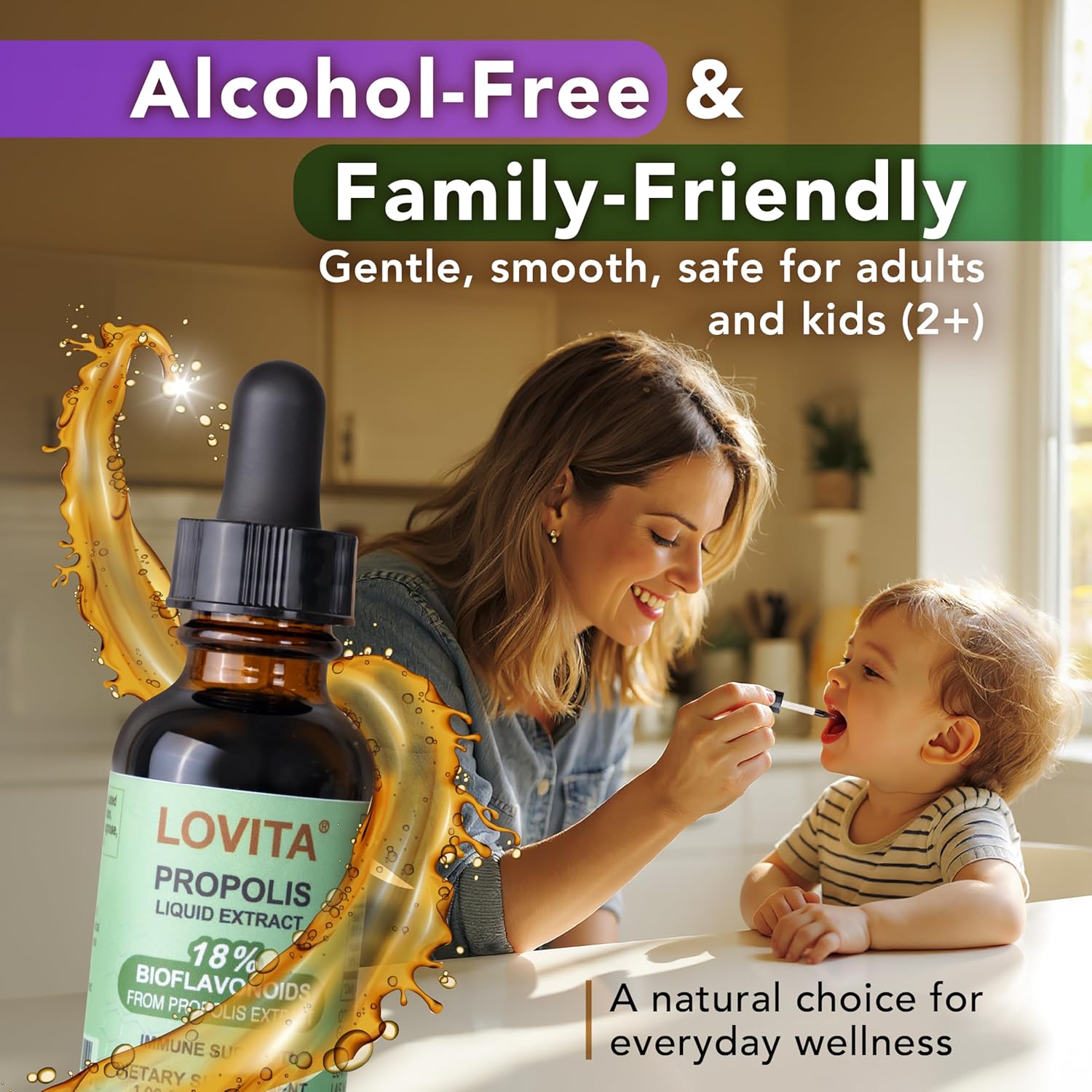 LOVITA Bee Propolis Liquid Extract 500mg, 5:1 Resin Drops with 18% Bioflavonoids, Alcohol-Free Antioxidant, Immune Support & Throat Soothing, Gluten-Free, Non-GMO, 1 Fl Oz (30 mL), 30 Day Supply - Image 3