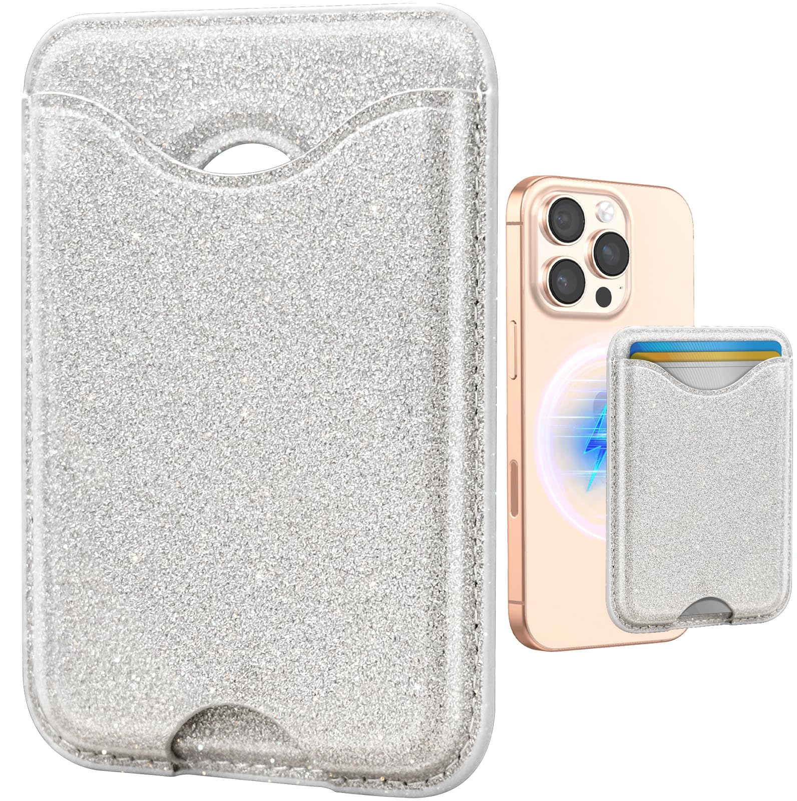 Shorogyt Compatible with Magsafe Wallet Magnetic Card Holder - Glitter Silver Phone Wallets for Women Teen Girls for iPhone 17/16/15/14/13/12 Series