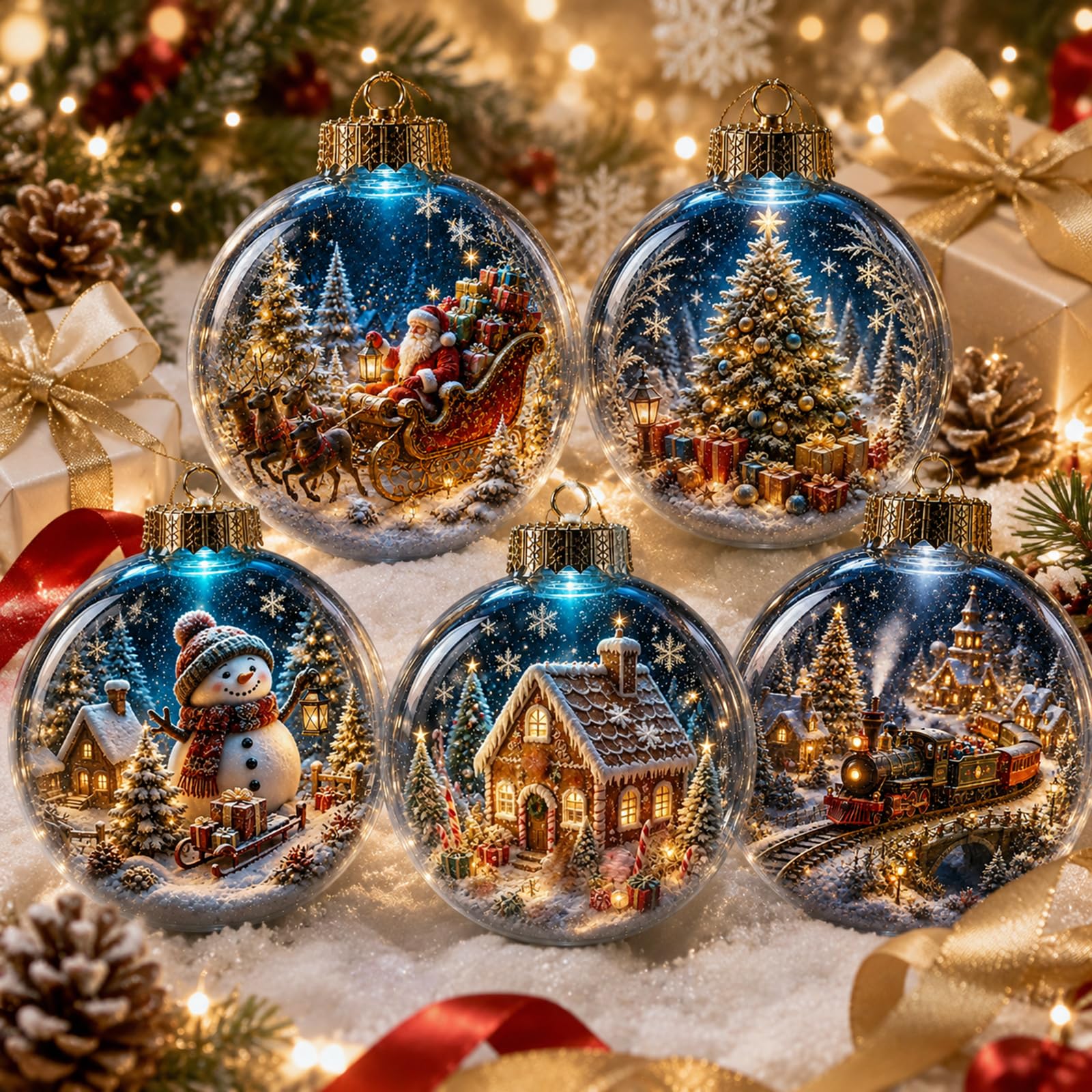 Glowing Christmas Story Ornament, Miniature Xmas Scene in Clear Acrylic Ball with Warm Led Light, Hanging Holidays Festive Decor, Festive Keepsake Gift for Home Xmas Party Decoration (5PC)