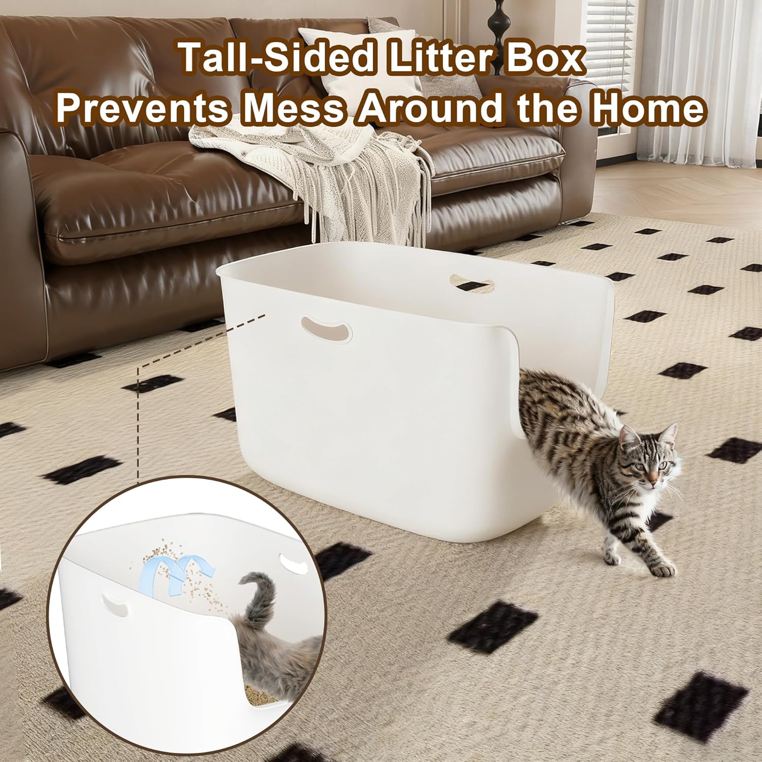 Jumbo Extra Large Cat Litter Box - High Sided Low Entry Open-Top Anti-Splash Pan for Multiple Cats, Kittens & Senior Cats, 22.6"x15.4"x13.9", White