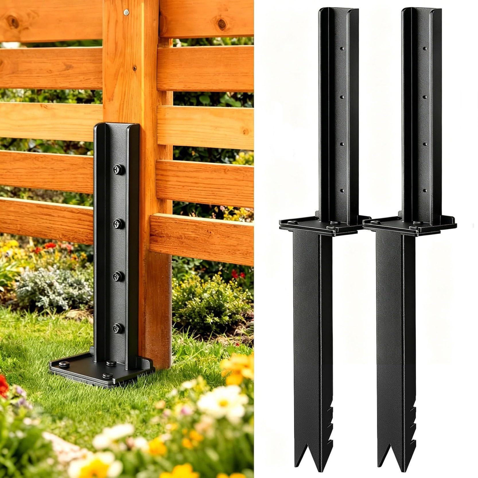 GOUZIBHD Black Fence Post Repair Kit, Heavy Duty Steel Fence Post Repair Stakes for Fixing Leaning Broken Wooden Posts, No Dig Ground Spike, Mailbox Deck Posts(Size:2 Pack)