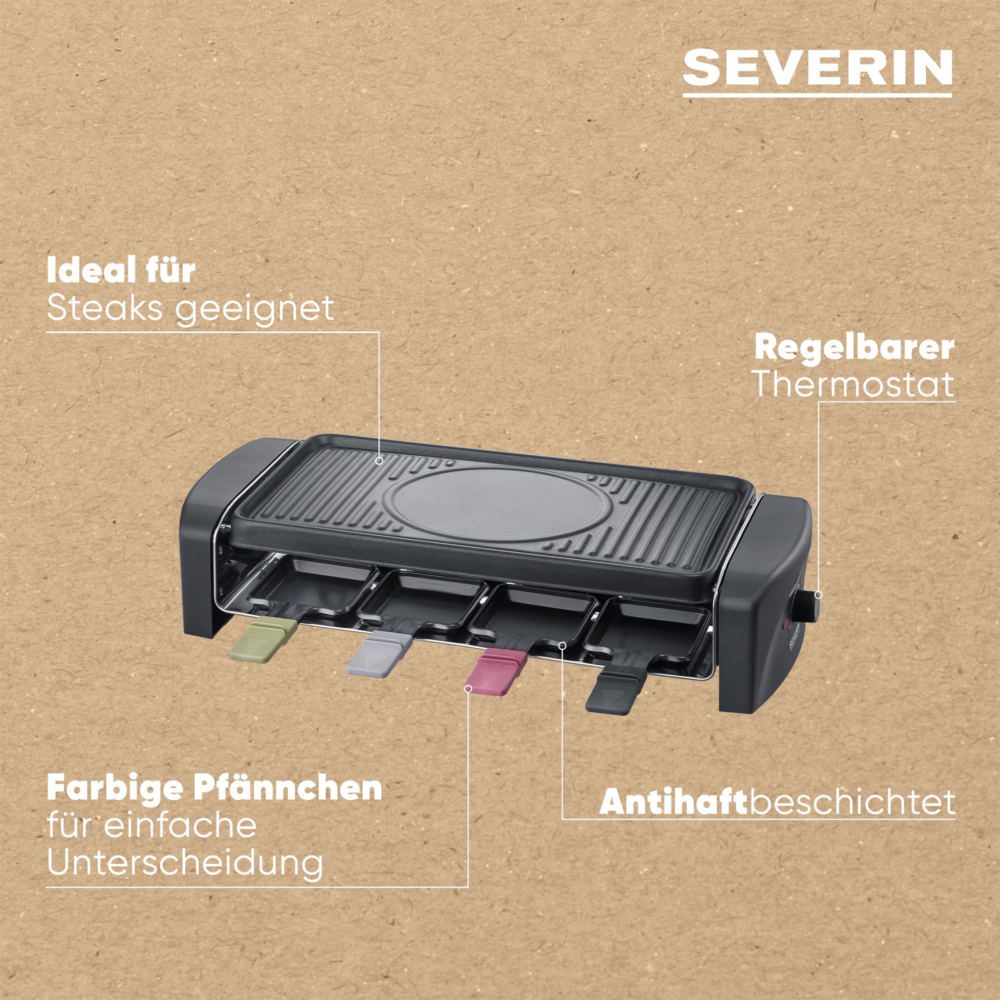 SEVERIN Raclette-Grill, Raclette mit großer antihaftbeschichteter Grillplatte und 8 Raclette Pfännchen, Tischgrill für bis zu 8 Personen, 1.400 W, schwarz, RG 9646