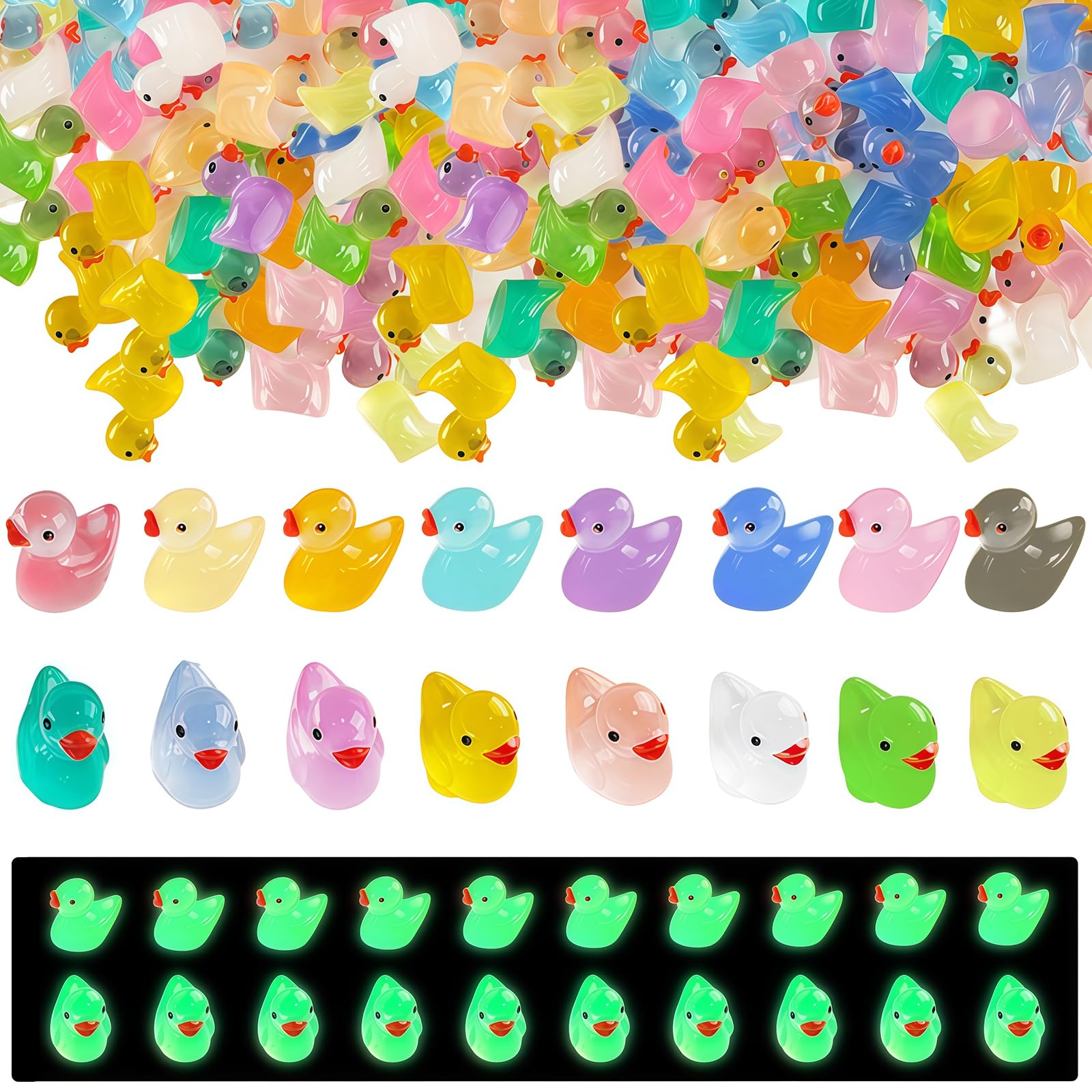 Bloymsk 200Pcs Mini Luminous Resin Ducks,18 Styles Tiny Resin Animals Miniature Mini Little Small Plastic Duck Figures Glow in the Dark for Dollhouse Garden Landscape Aquarium Potted Decor