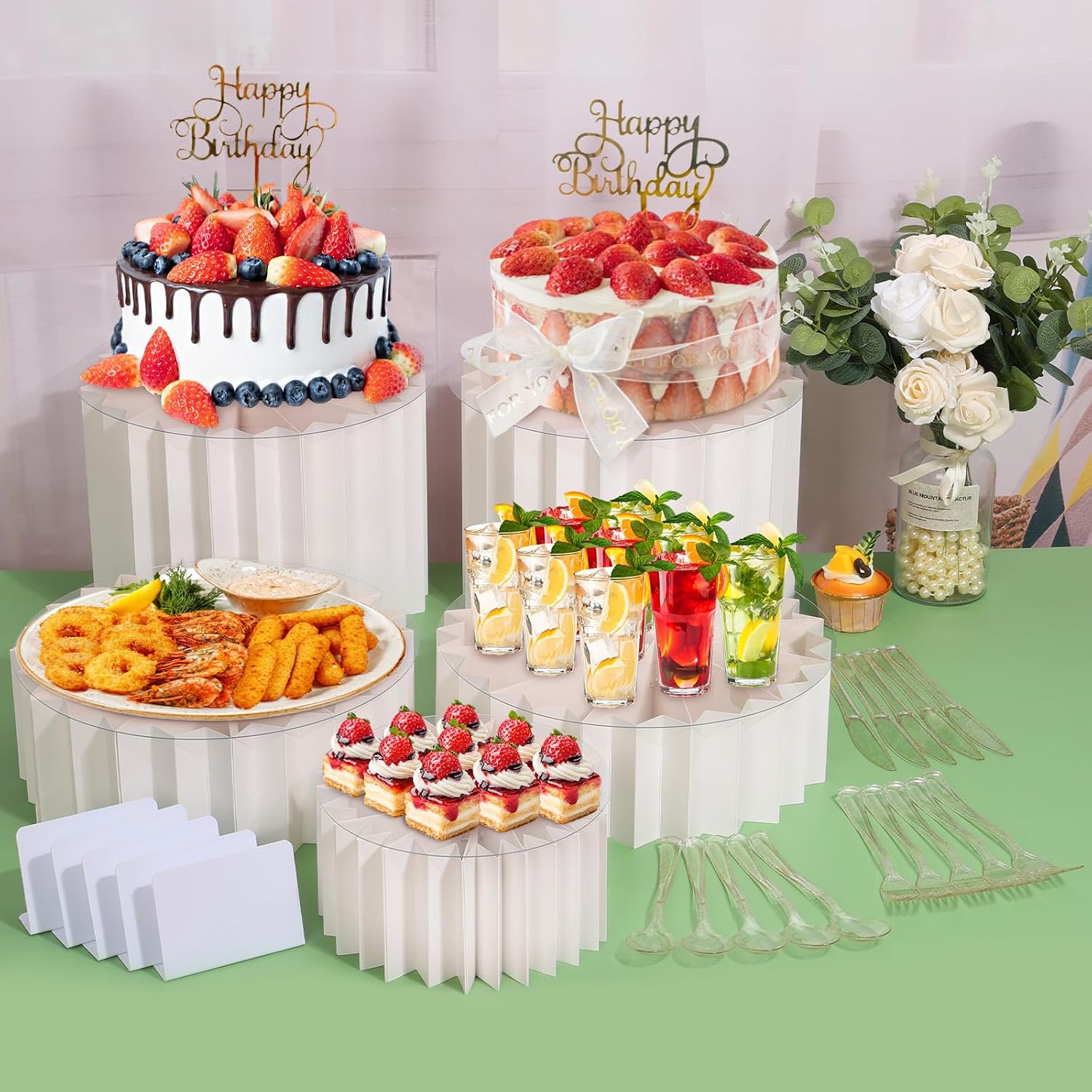 Lucomb 5 PCS Buffet Risers, Food Display Risers for Table, Foldable Cake Stands with Dessert Knife, Fork, Spoon, White Cardboard Cylinder Risers for Party, Wedding, Birthday, Holiday