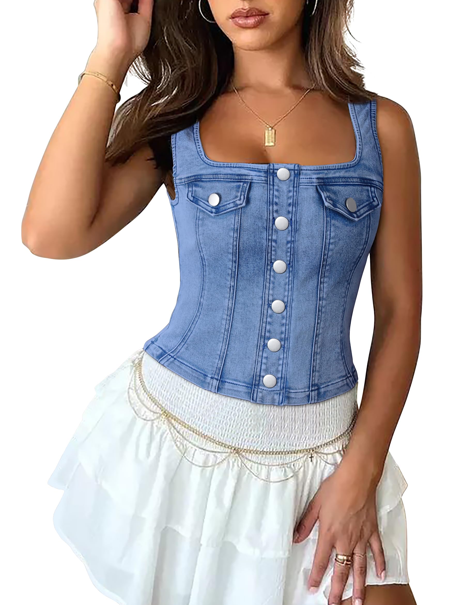 Skirt BL Womens Denim Top Square Neck Denim Vest Button Front Sleeveless Jean Top for Women