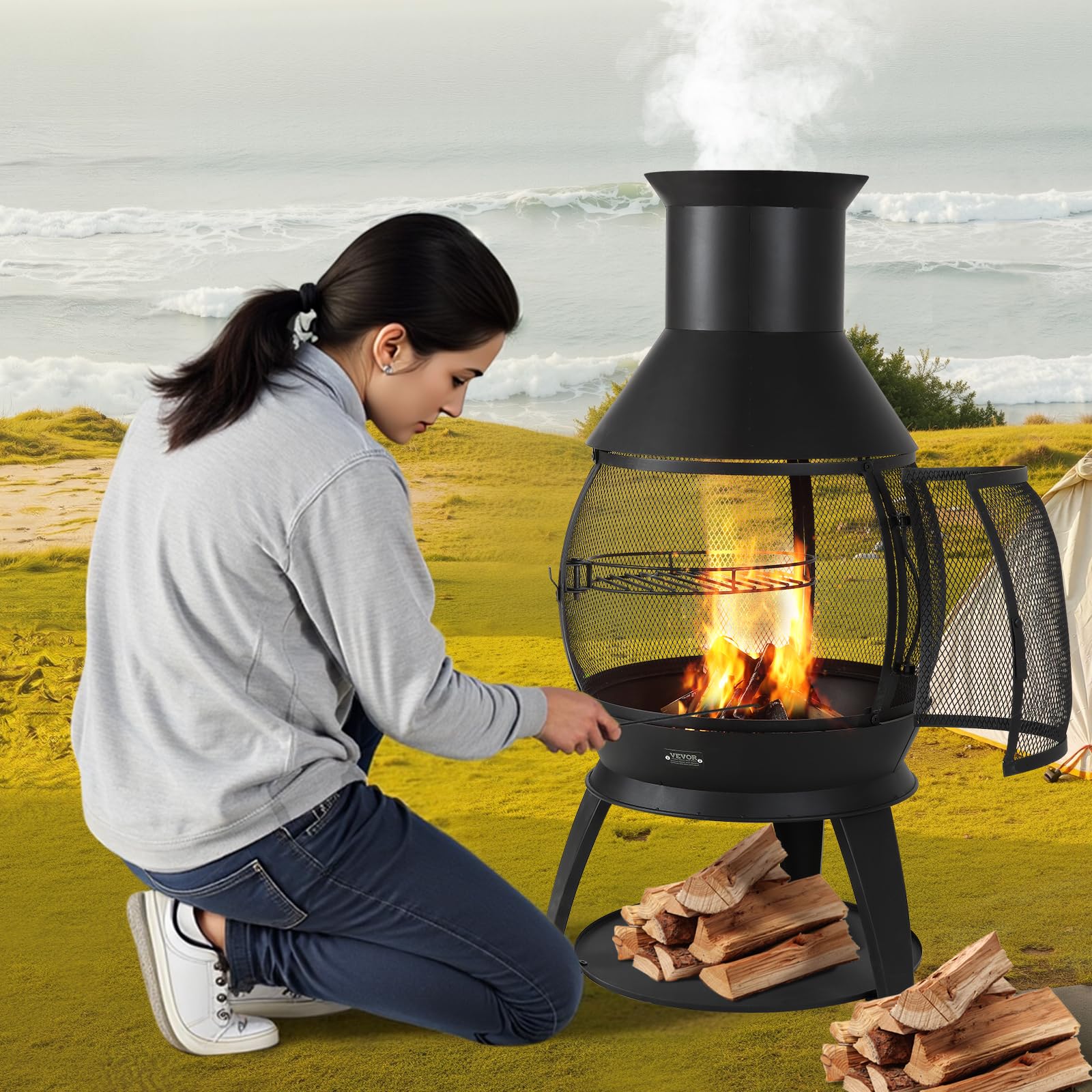 VEVOR Gartenkamin, φ500x1100mm Terrassenofen, Aztekenofen aus Eisen zum Grillen & Wärmen, Chimenea Feuerstelle mit Grillgitter, Kaminmantel & rostfreiem Kamindeckel, für Terrasse, Garten, Hinterhof