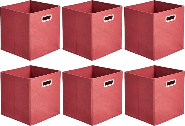 Amazon Basics Collapsible Fabric Storage Cubes with Oval Grommets - 6-Pack, Red