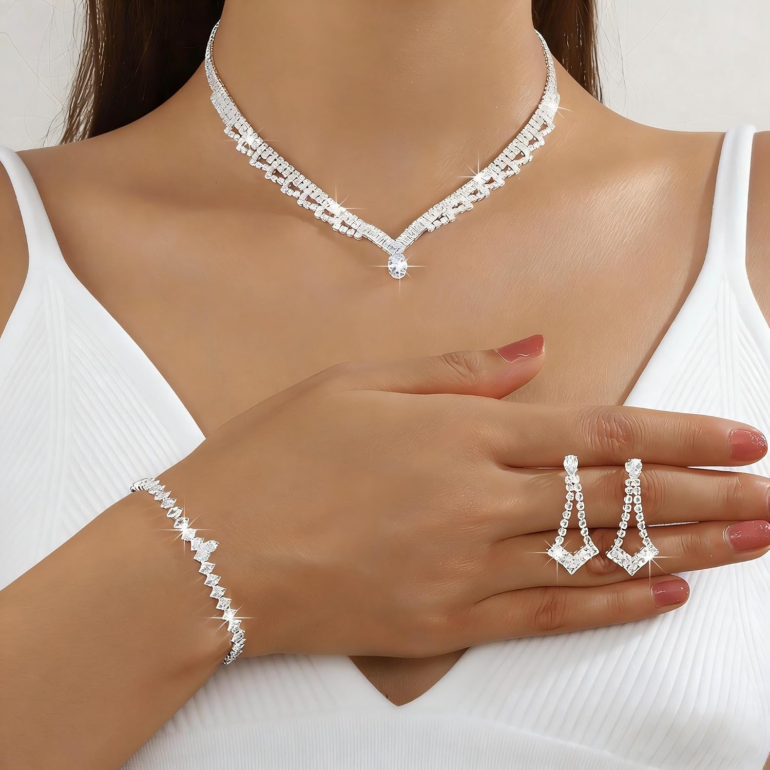 Dazzelunelle Elegant Crystal Statement Necklace and Earrings Set – Sparkling Rhinestone Choker with Matching Drop Earrings for Wedding, Prom, or Formal Events – Silver Tone Bridal Jewelry Gift