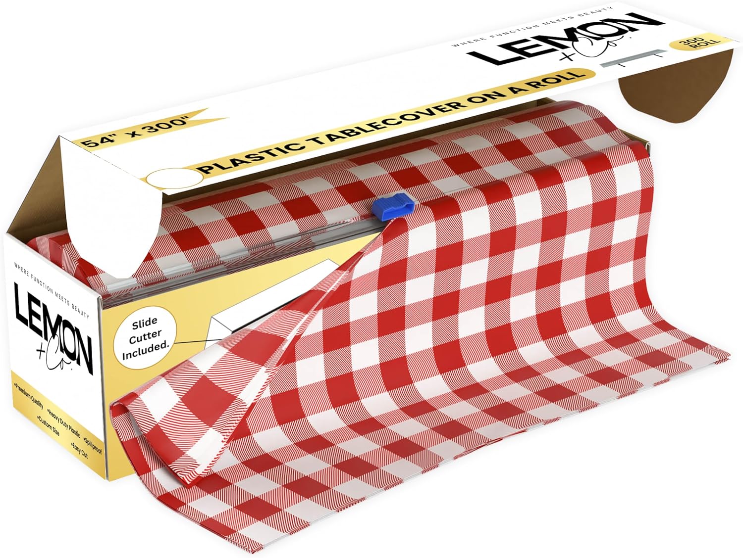 LEMON + Co. Red Gingham Premium Plastic Tablecloth Roll - 54" x300' for Parties with Cutter Box - Cut to Size Rectangle & Round Disposable Tablecloth Plastic Table Cover