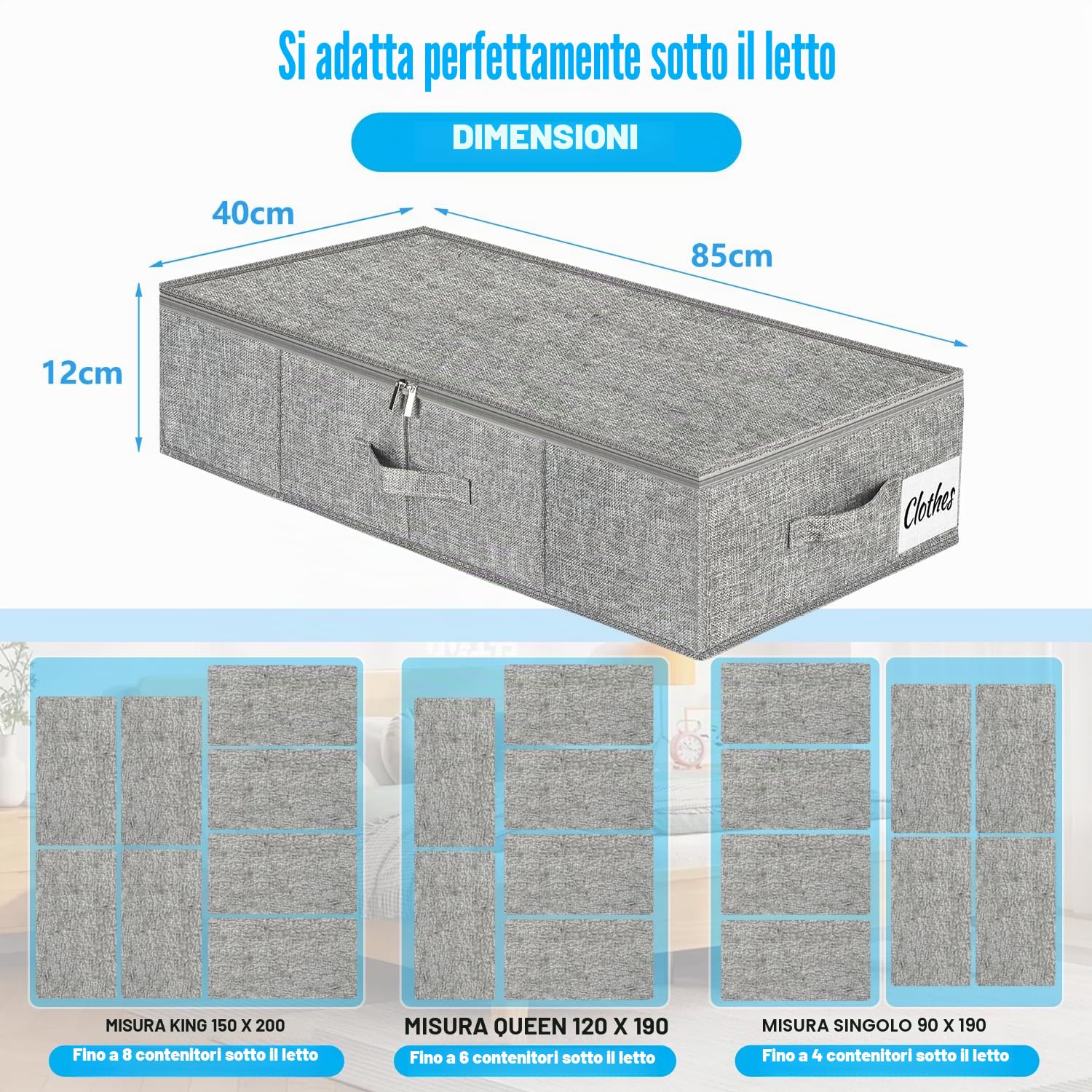Scatola portaoggetti sotto il letto con coperchio, confezione da 4 pezzi, 12 cm, sottile, a basso profilo, organizer per vestiti, per casa, coperte e giocattoli, sotto il divano e la culla, organizer