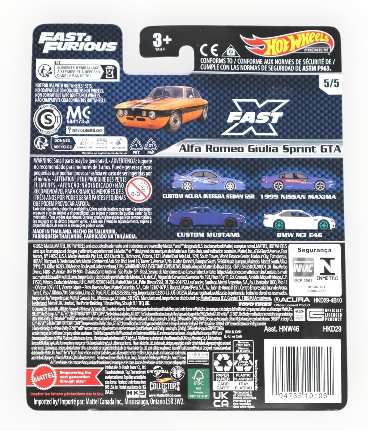 Hot Wheels HKD29 Fast and Furious - Alfa Romeo Julia Sprint GTA [3 Years Old and Up]