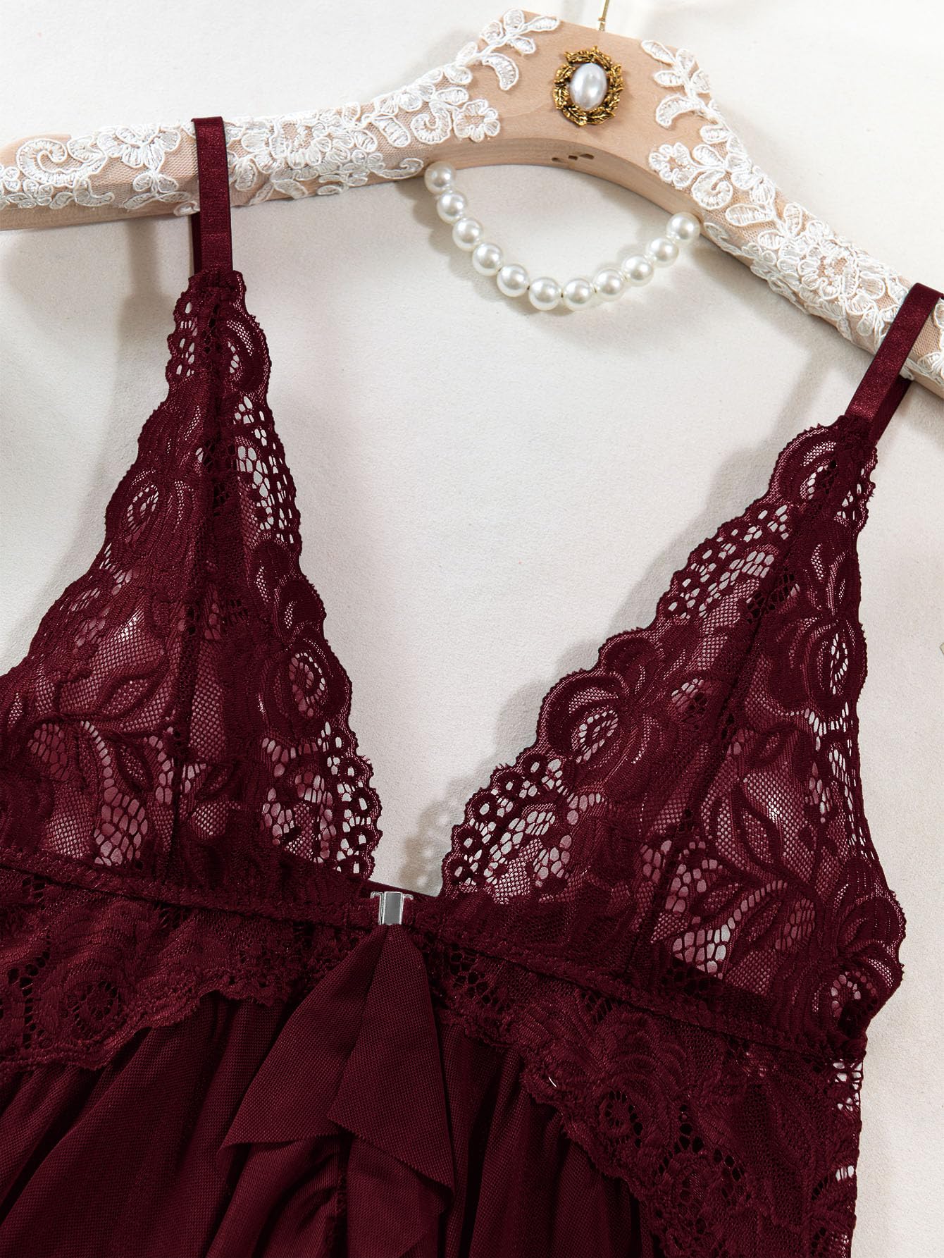 Sexy Open Front V Neck Ruffle Sheer Mesh Lace Wireless Babydoll Lingerie Dress with Thong 2 Piece