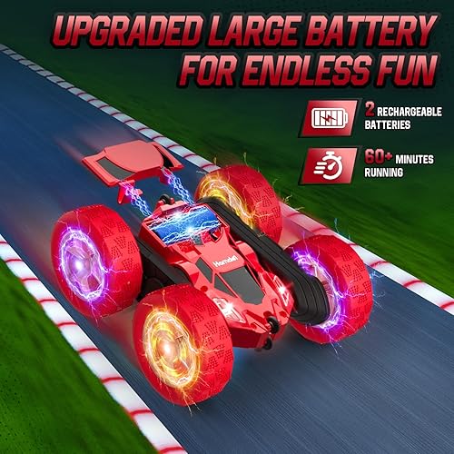 Vista 108 de Auto de control remoto para niños, auto de acrobacias RC giratorio de 360°, vehículo eléctrico 4WD de doble cara con luces LED, autos de juguete