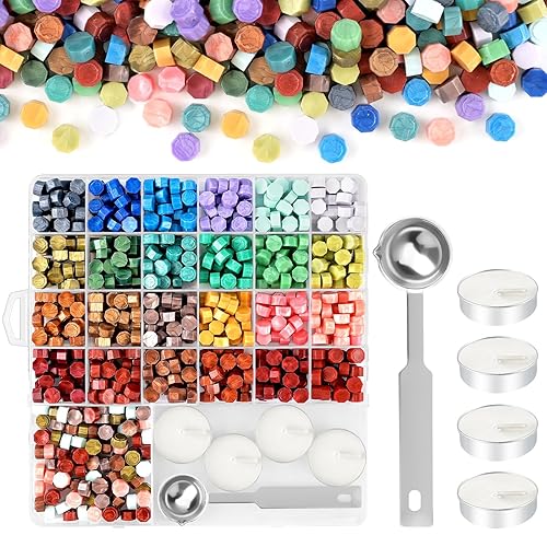 Miniatura 8 de 600 cuentas de sello de cera plateada con 1 cuchara de fusión de cera y 4 velas de té para tarjetas de felicitación de cartas, manualidades de