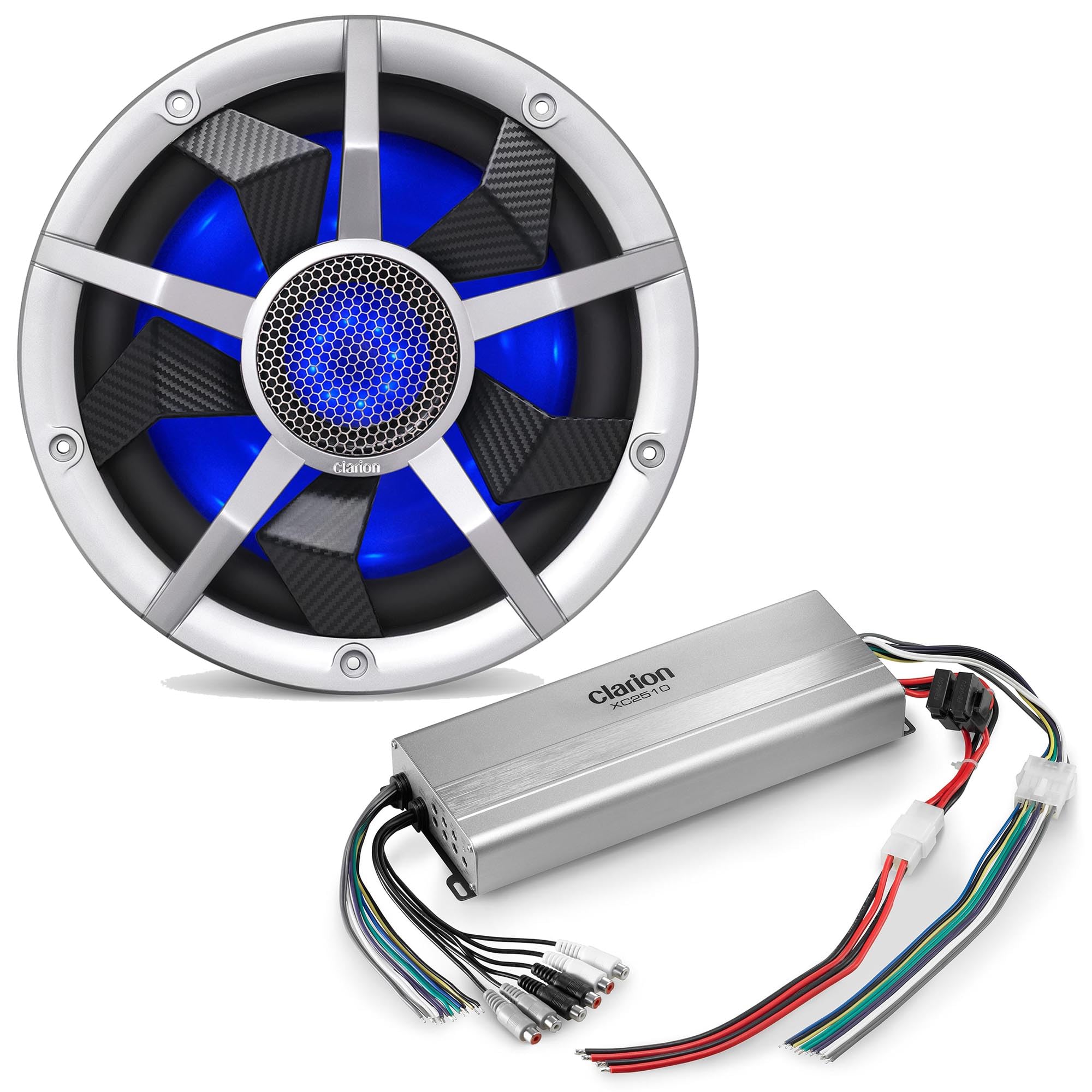 Clarion Marine RGB LED CM2513WL 10-inch Marine Subwoofer 250W RMS Power handling Dual 2 ohm and XC2510 Amplifier Bundle