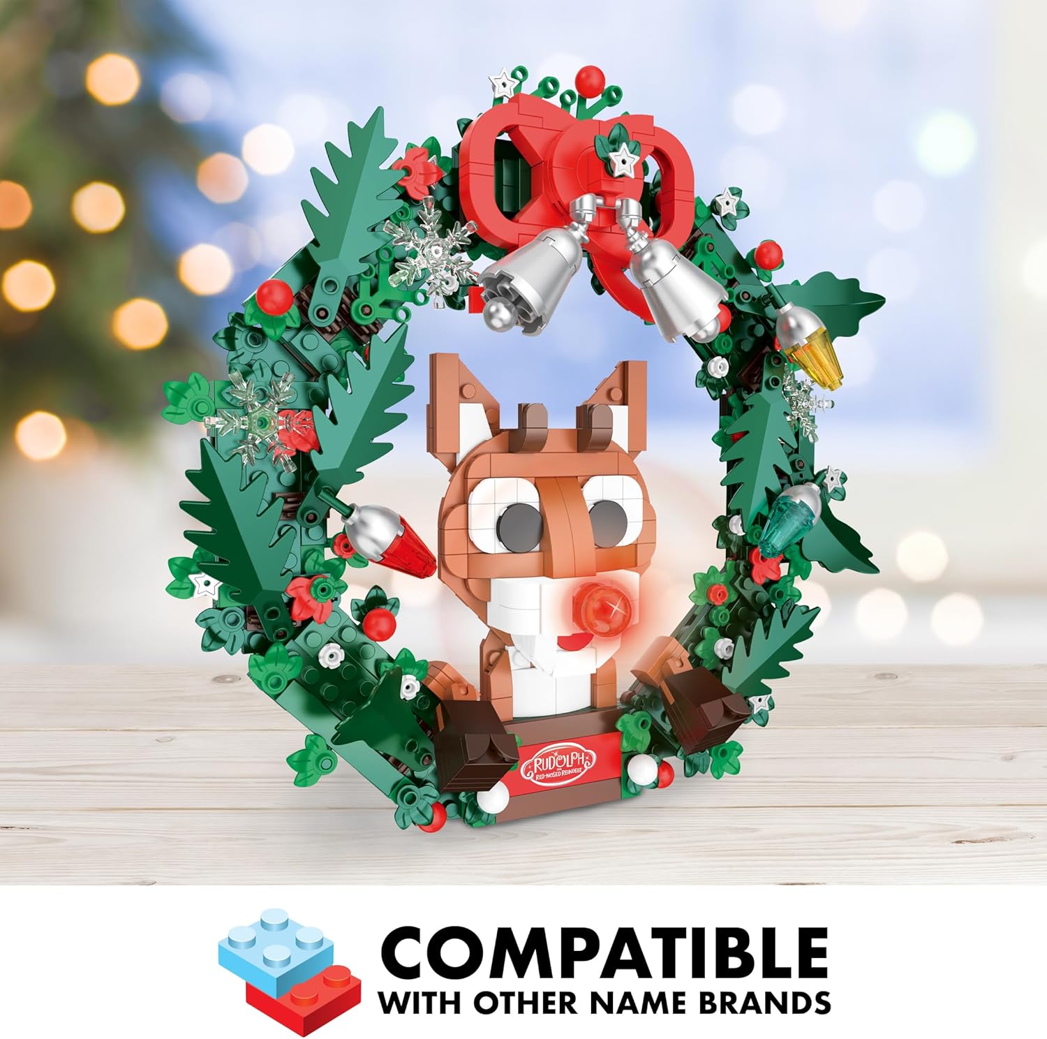 Brickcraft Rudolph the Red-Nosed Reindeer Light Up Holiday Wreath Building Bricks Set 526 Pieces with Display Stand and Hanging String, Fun Xmas Christmas Decoration Collectible Gift for Families Kids