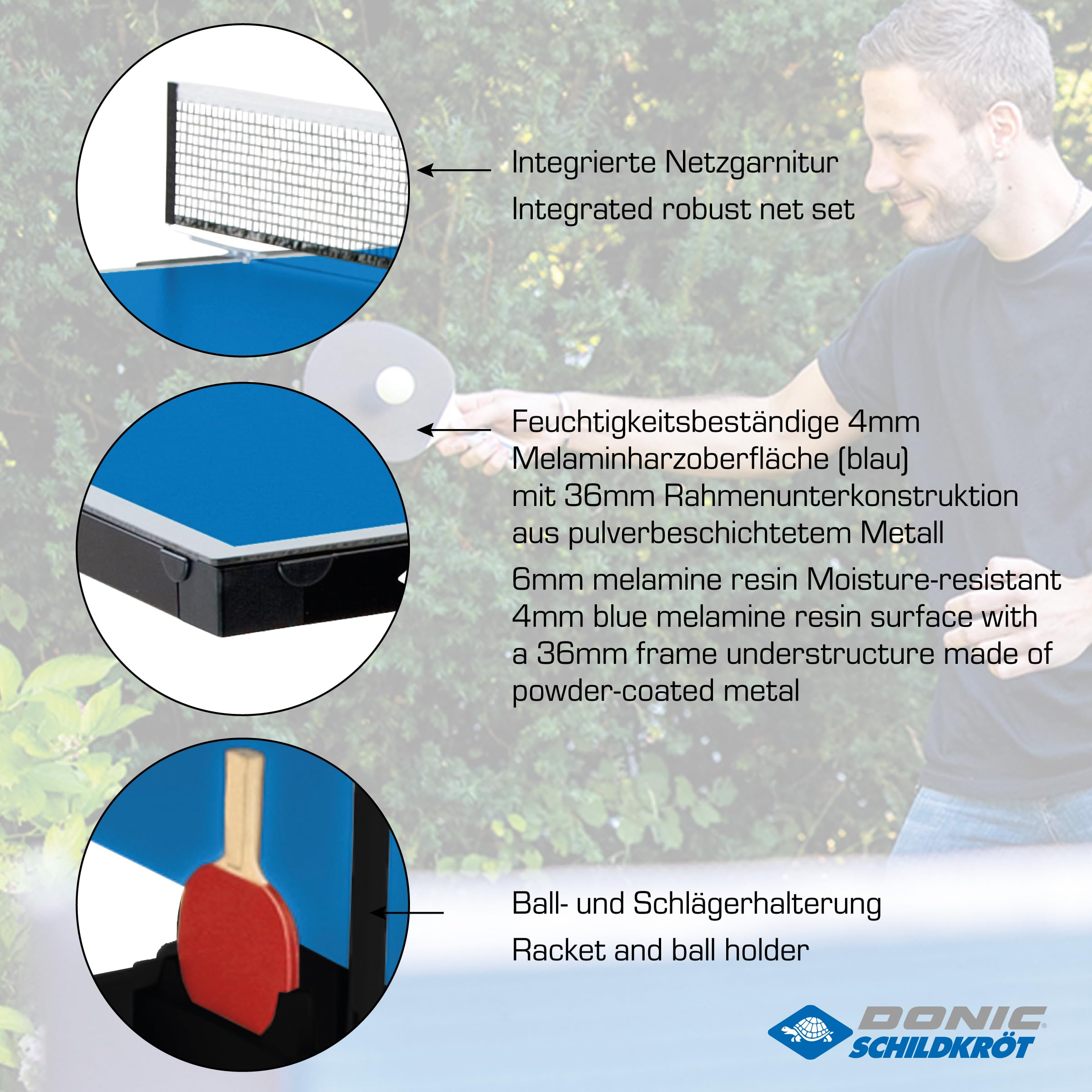 Schildkröt Tischtennisplatte Space Tec Outdoor, Outdoor Kompakttisch, wetterfeste 4mm Melaminharzplatte, Blaue Oberfläche, schwarzes Untergestell, klappbar und durch Räder leicht fahrbar