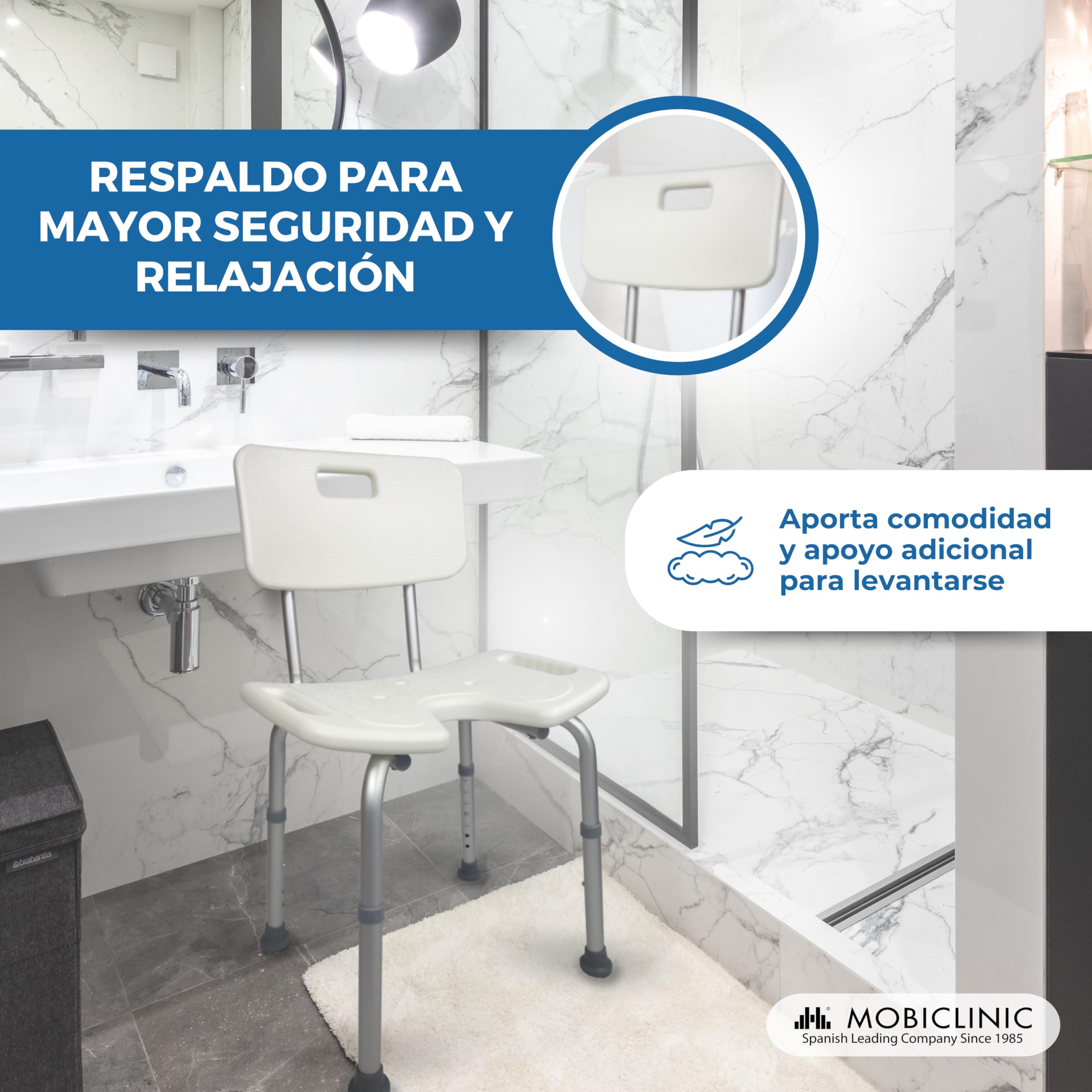 Mobiclinic, Silla de baño, Marisma, Taburete Ducha, Marca española, Asiento en u, Ortopédica, Altura Regulable, con Respaldo, Conteras Antideslizantes, para Personas Mayores, Movilidad Reducida