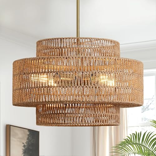 4-Light Boho Rattan Chandelier Light Fixture, 17.7” Hand Woven Rustic