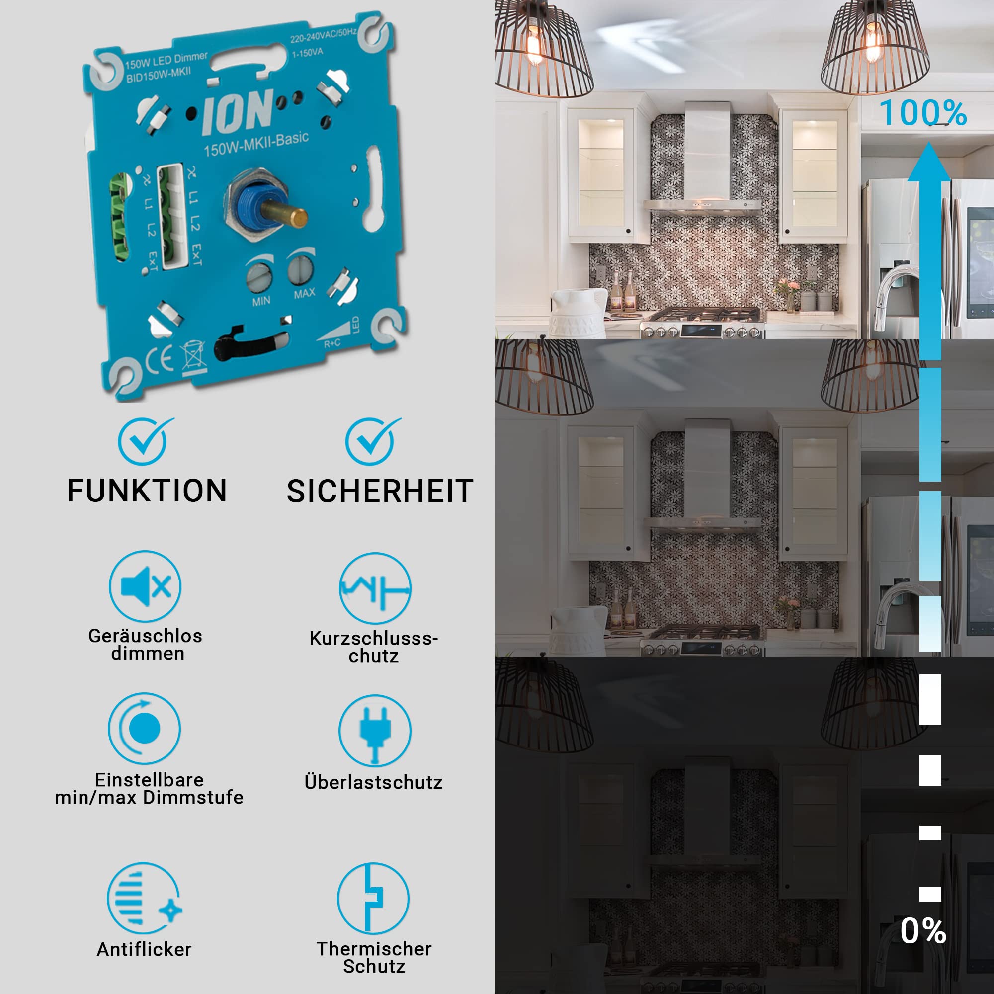LED-Dimmer 150W MK-II Basic Ion Industries Dimmschalter Dimmbare Led - Wandschalter mit zeitlosem Design - Professioneller dimmbarer Lichtschalter - Drehdimmer - Dimmer - Einbau -