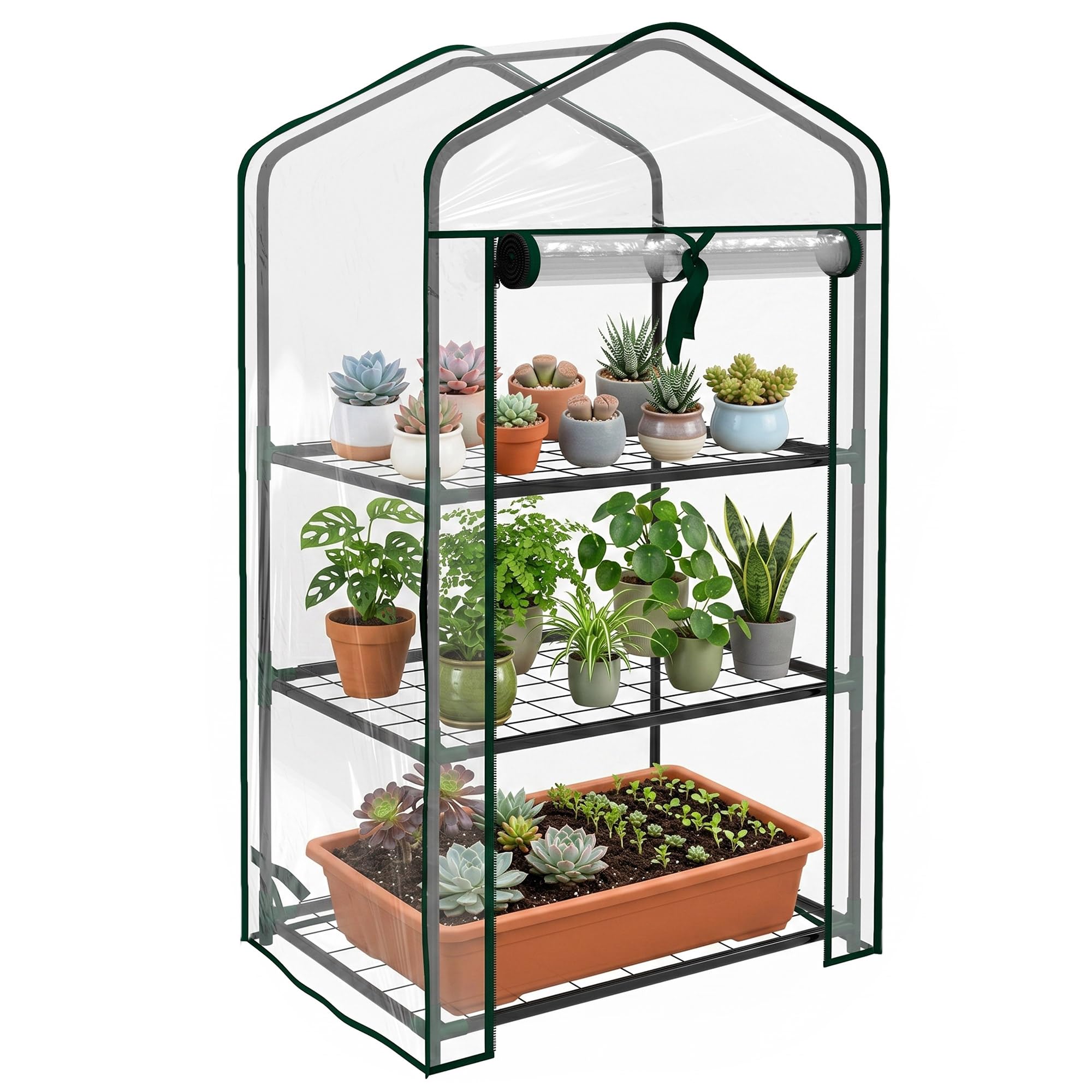 Outsunny Invernadero de Jardín de 3 Niveles Invernadero de Terraza con 3 Estantes Puerta con Cremallera Marco de Acero y Cubierta de PVC para Cultivo de Plantas Flores 59x39x127 cm Transparente