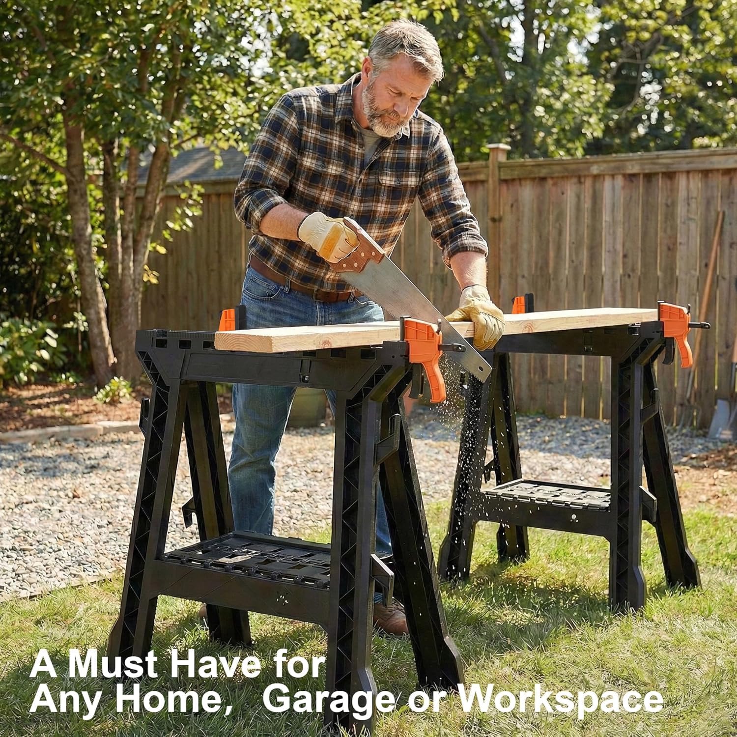 Folding Saw Horses 2 Pack Power Tool Stands Max Capacity Load 2200 LBS Heavy Duty Clamping Sawhorse Set Lightweight Portable Sawhorses Assembly Plastic Sawhorse for Garage Workshop Workbenches
