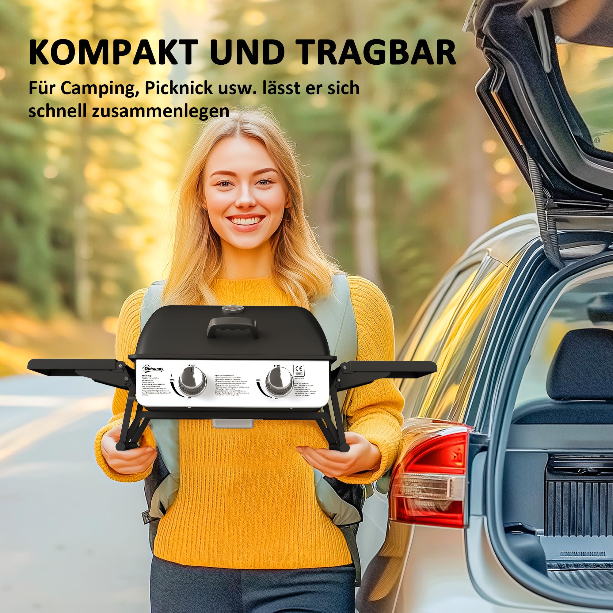 Outsunny Gasgrill 5,6 KW Gas-Grill inkl 2 Edelstahl-Brenner klappbar Seitenablagen Druckminderer Gasschlauch Deckel Thermometer, BBQ Gartengrill für Balkon, Camping-Grill 101 x 48 x 41 cm