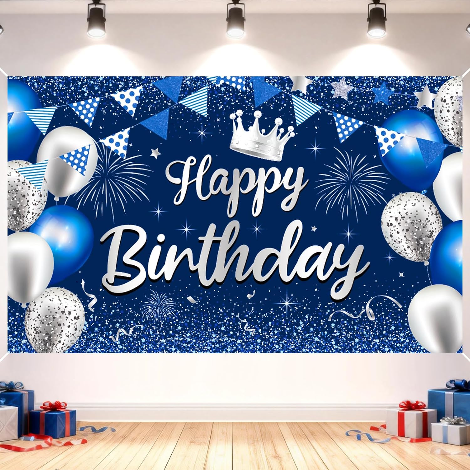 Blue Happy Birthday Banner Backdrop -73"×43" Large Fabric Blue Sliver Birthday Poster,Hanging Photo Background Birthday Party Decoration,Royal Blue Birthday Banner for Men Women Boys Girls