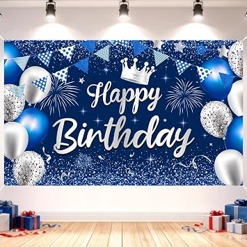 Blue Happy Birthday Banner Backdrop -73"43" Large Fabric Blue Sliver Birthday Poster,Hanging Photo Background Birthday Party Decoration,Royal Blue Birthday Banner for Men Women Boys Girls