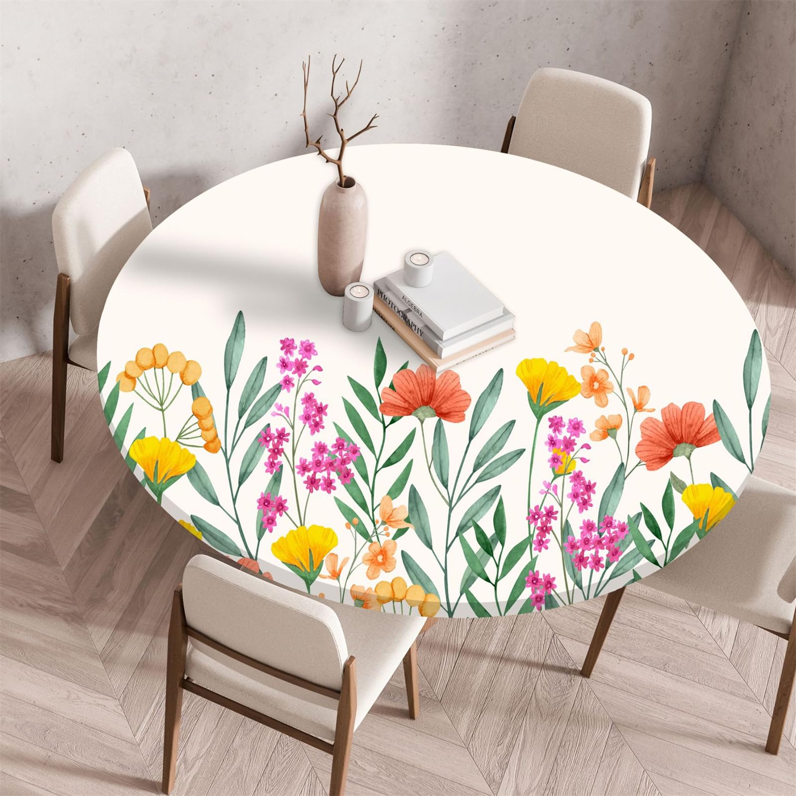 Muiuou Round Tablecloth, Flower Printing Waterproof Wipeable Table Cover Elastic Edge, Reusable Round Table Cover Cloth, Fitted Kitchen Restaurant Home Decoration