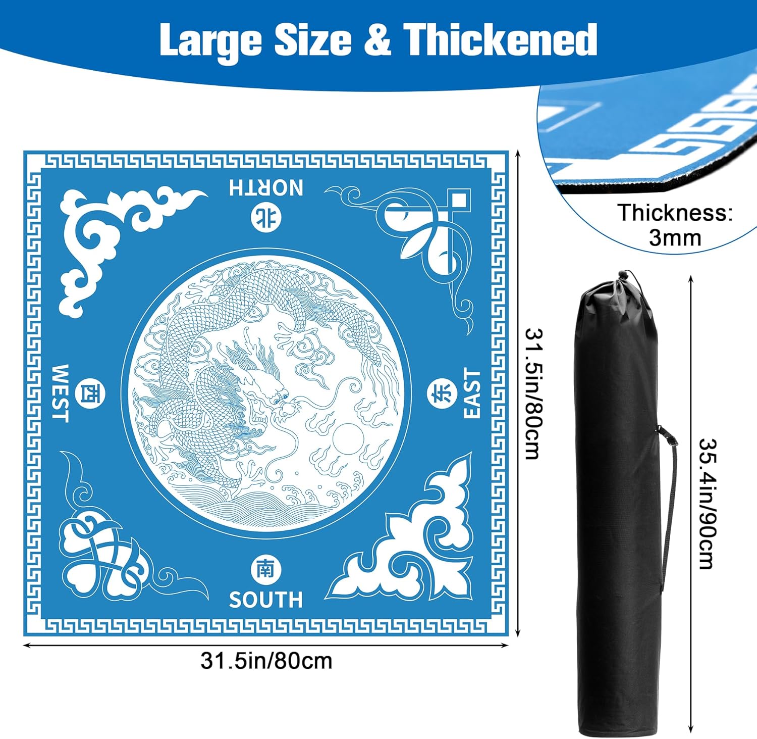 Mahjong Mat, Anti Slip Blue Mahjong Mat for Table with Black Carrying Bag Noise-Reducing Mahjong Table Mat for Poker, Board Games, Dominoes (31.5”x 31.5”)