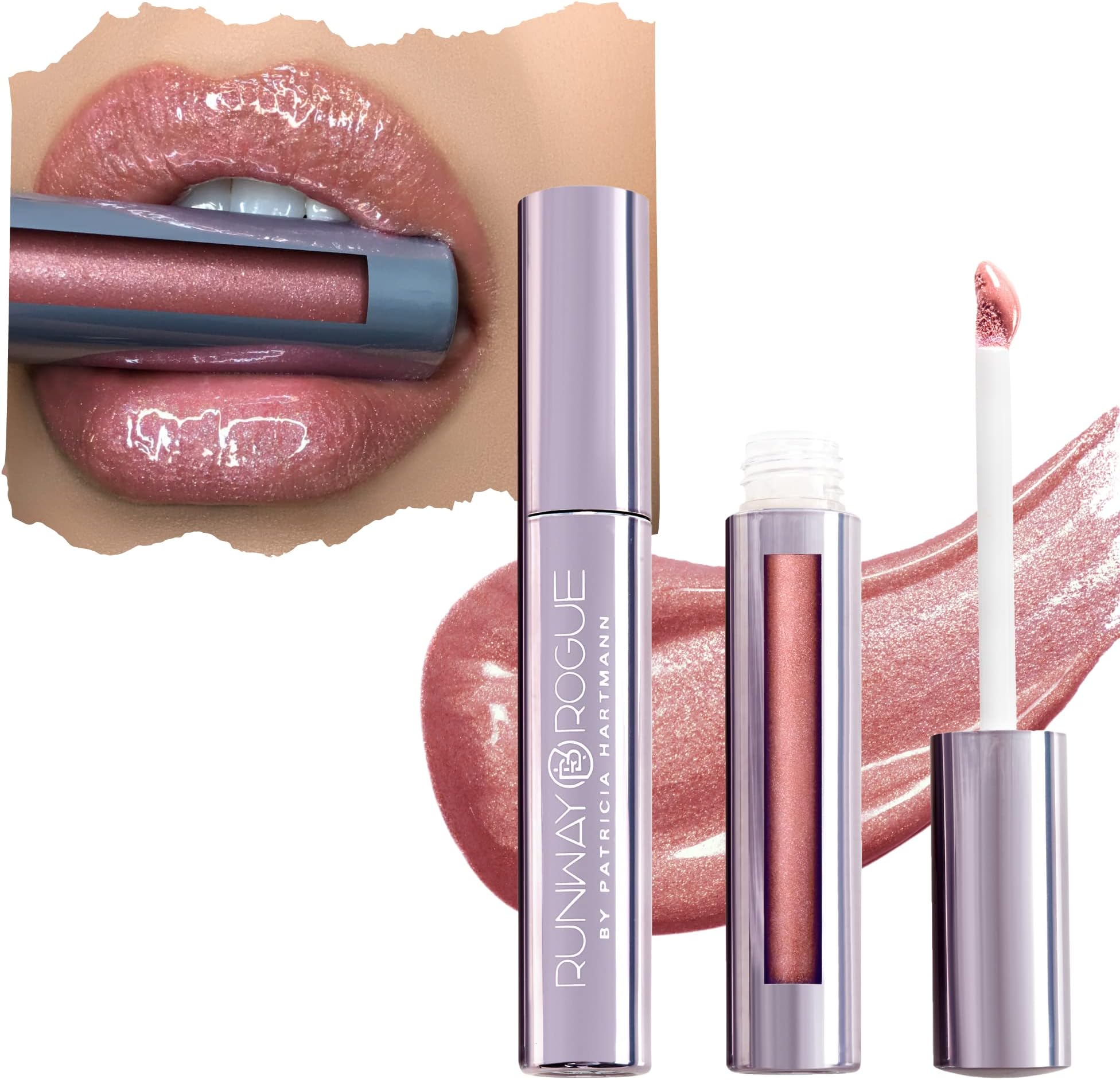 Runway Rogue LuxGloss Lip Gloss, High-Pigment Shimmery Rose-Gold Lip Gloss, ‘Fashion Week’