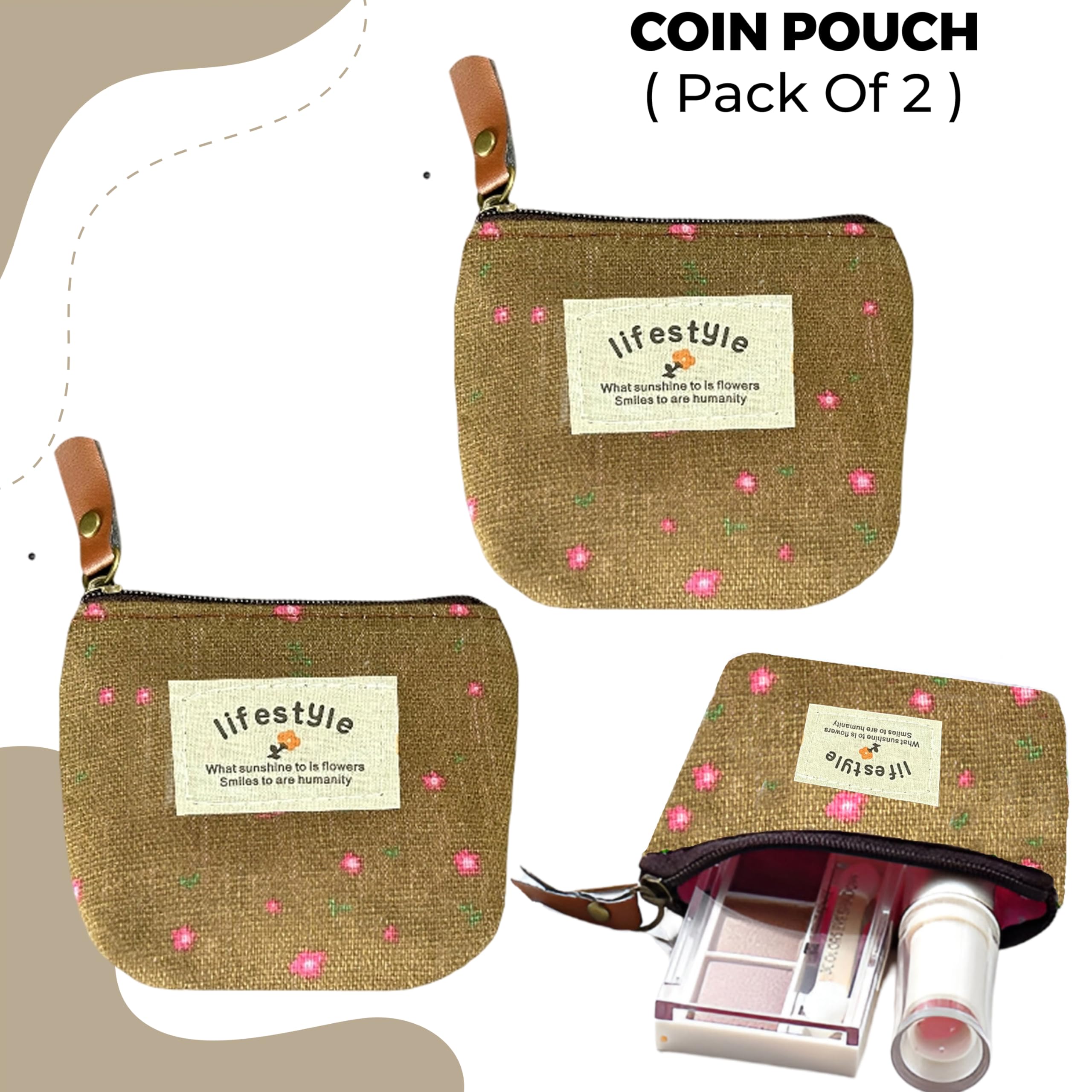 Kraptick Multipurpose Coin Pouch – Compact Zipper Purse for Coins, Cash & Small Essentials Durable & Stylish Fabric Mini Organizer for Daily Use (Light Brown) (Pack of 2)