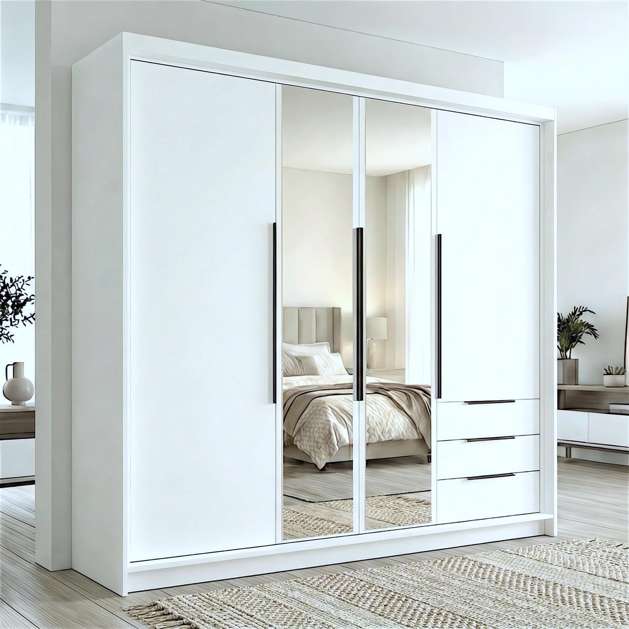 A&J MöbelLand VIVO Kleiderschrank 4-türig mit Spiegel und Schubladen – 200 x 215 cm – Drehtürenschrank mit Kleiderstange und Einlegeböden
